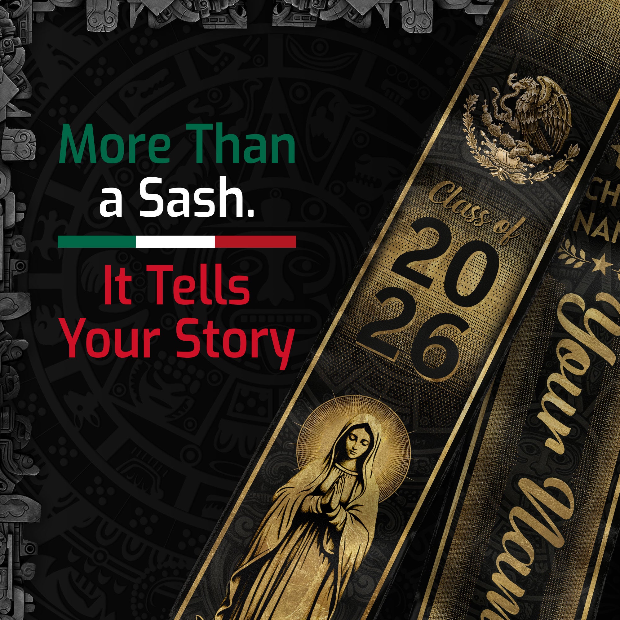 Mexican Graduation Stole Aztec Eagle Virgin Mary Cross Gold Custom Sash 2026