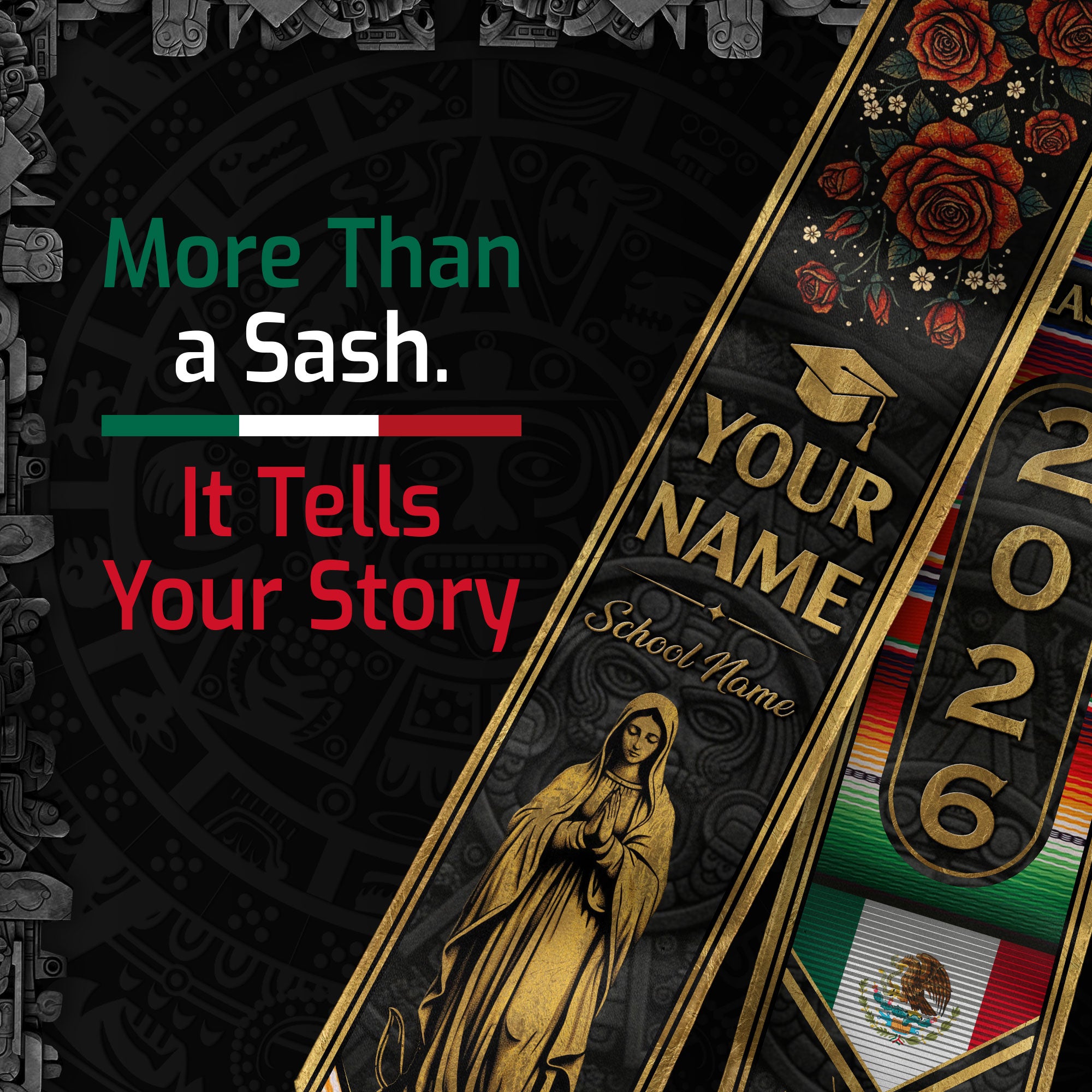 Mexican Graduation Stole Aztec Pattern Virgin Mary Cross Rose Serape Custom Sash 2026