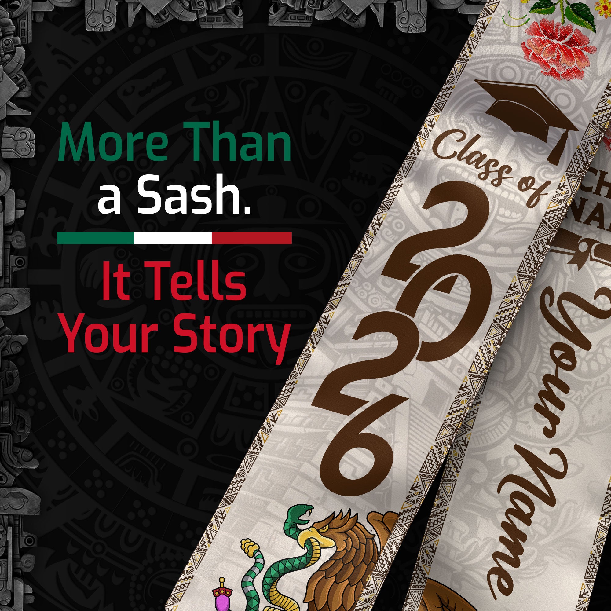 Mexican Graduation Stole Aztec Eagle Cactus Floral Custom Mexico Sash 2026