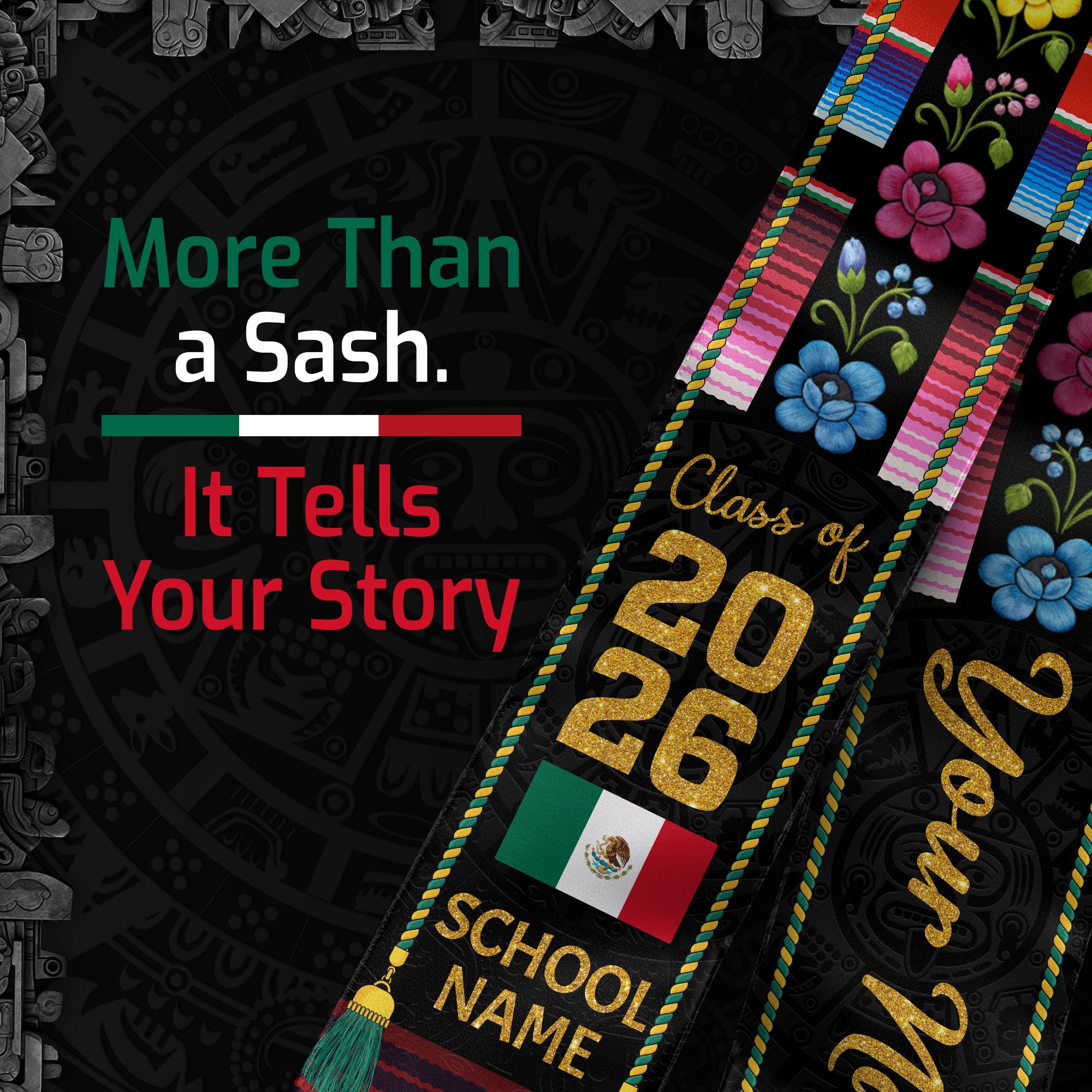 Mexican Graduation Stole Aztec Floral Serape Tassel Flag Custom Sash 2026