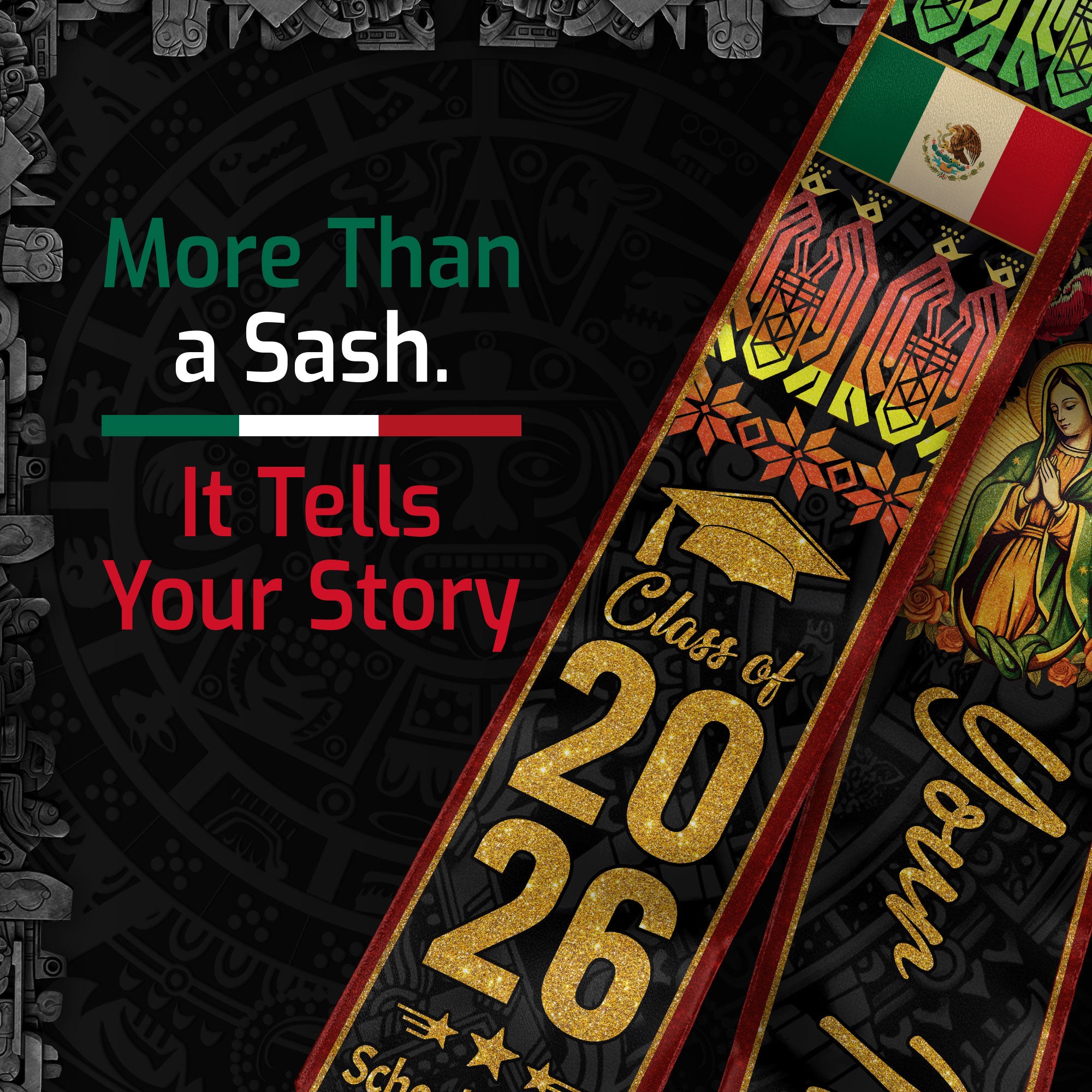 Mexican Graduation Stole Aztec Pattern Virgin Mary Floral Flag Custom Sash 2026