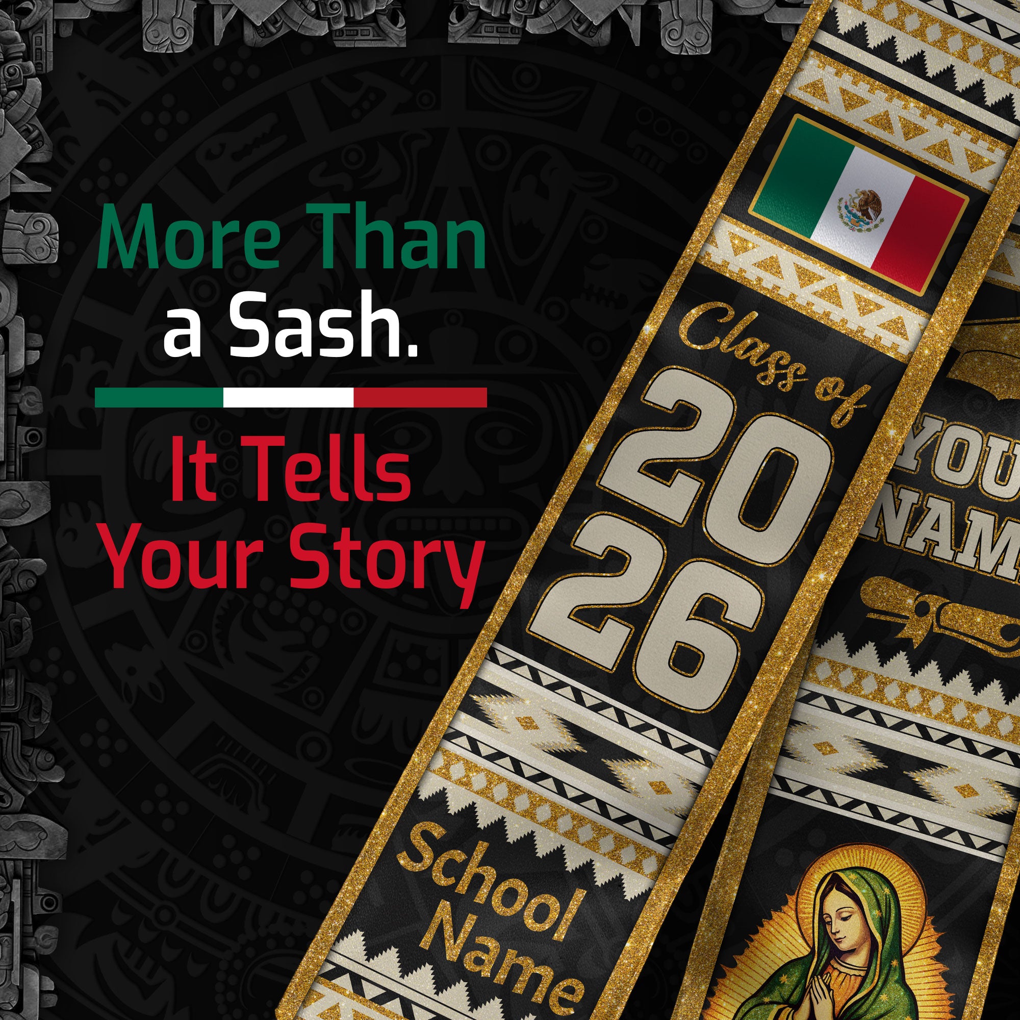 Mexican Graduation Stole Aztec Pattern Virgin Mary Flag Gold Tribal Custom Sash