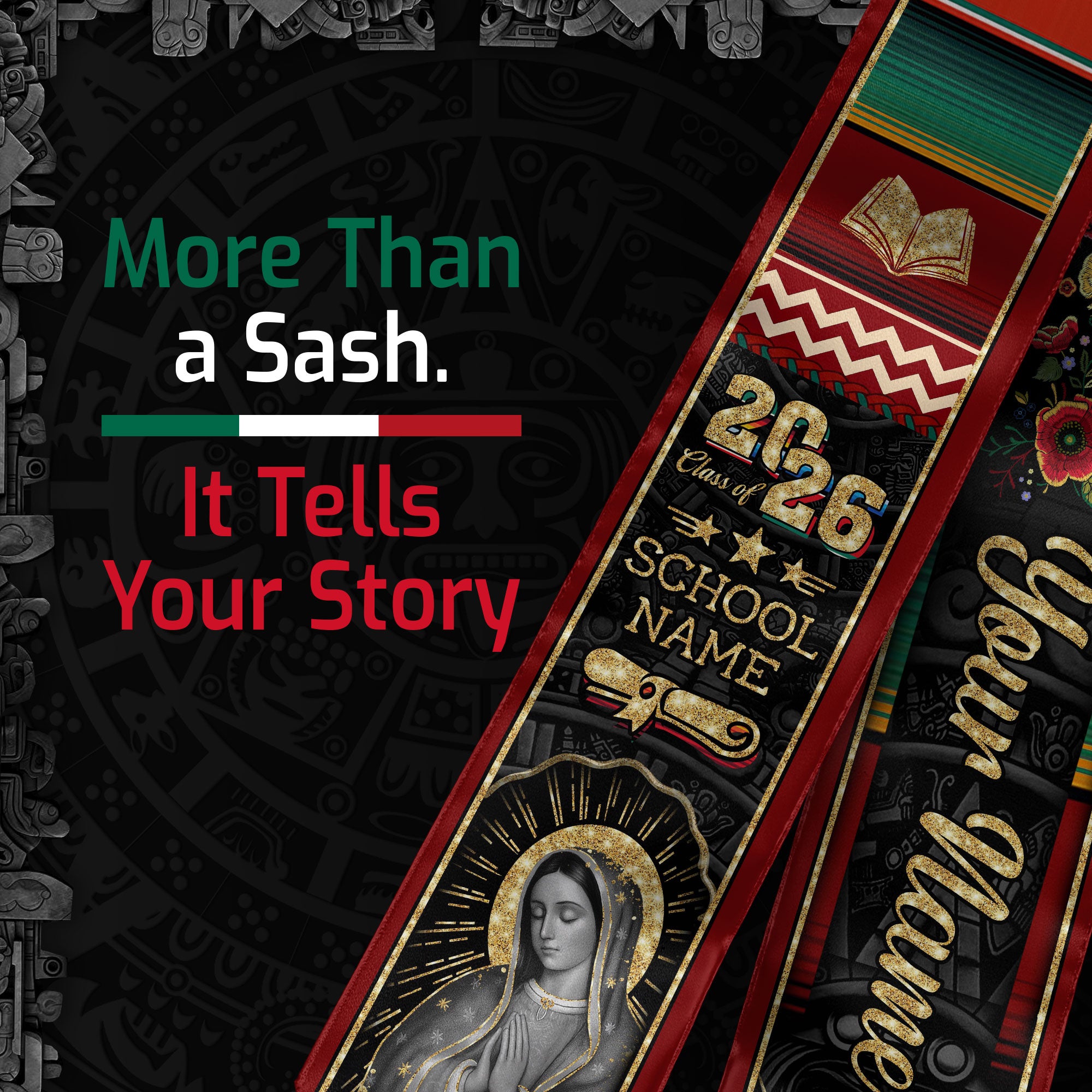 Mexican Graduation Stole Aztec Pattern Virgin Mary Cross Floral USA Flag Custom Sash