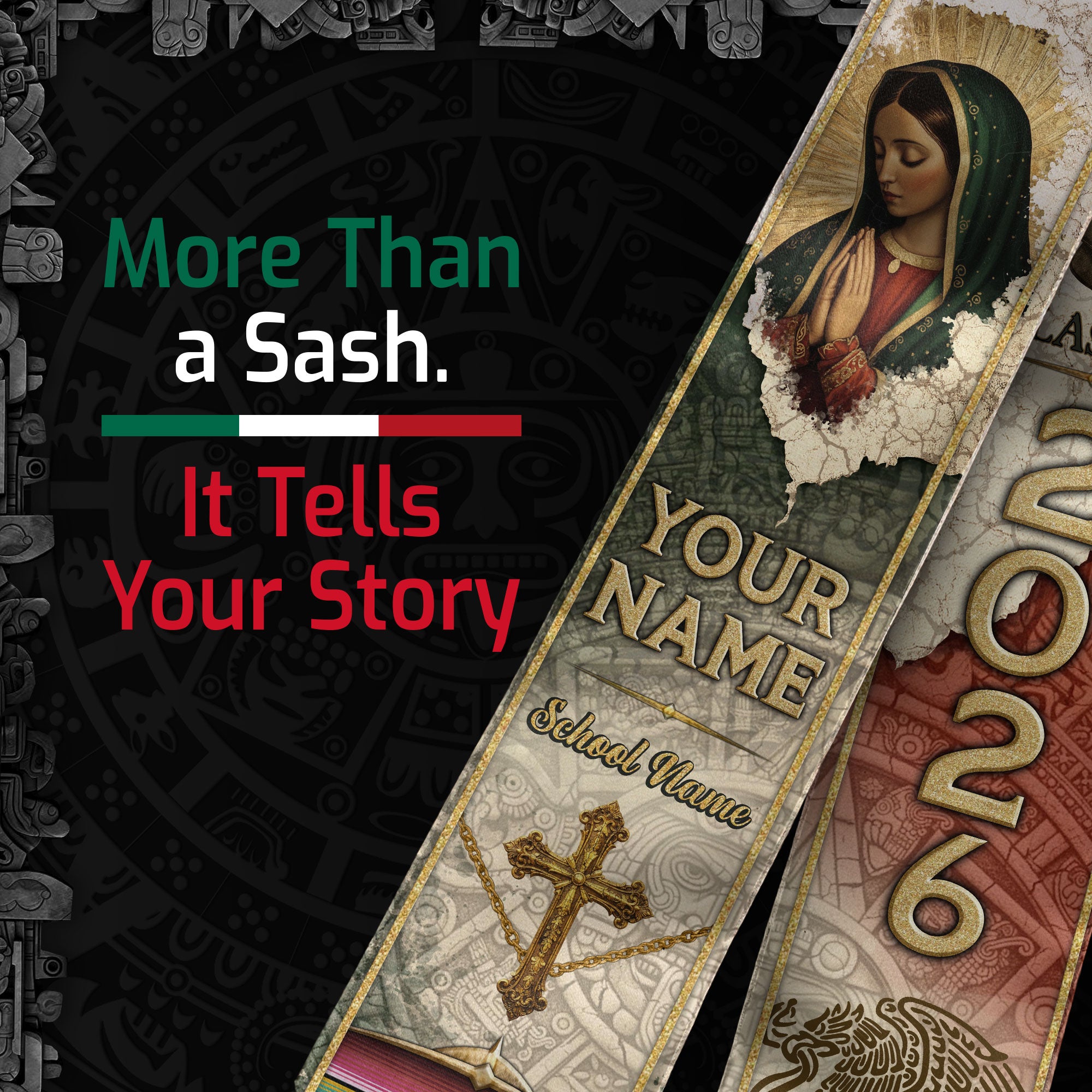 Mexican Graduation Stole Aztec Eagle Virgin Mary Cross Flag Custom Sash 2026