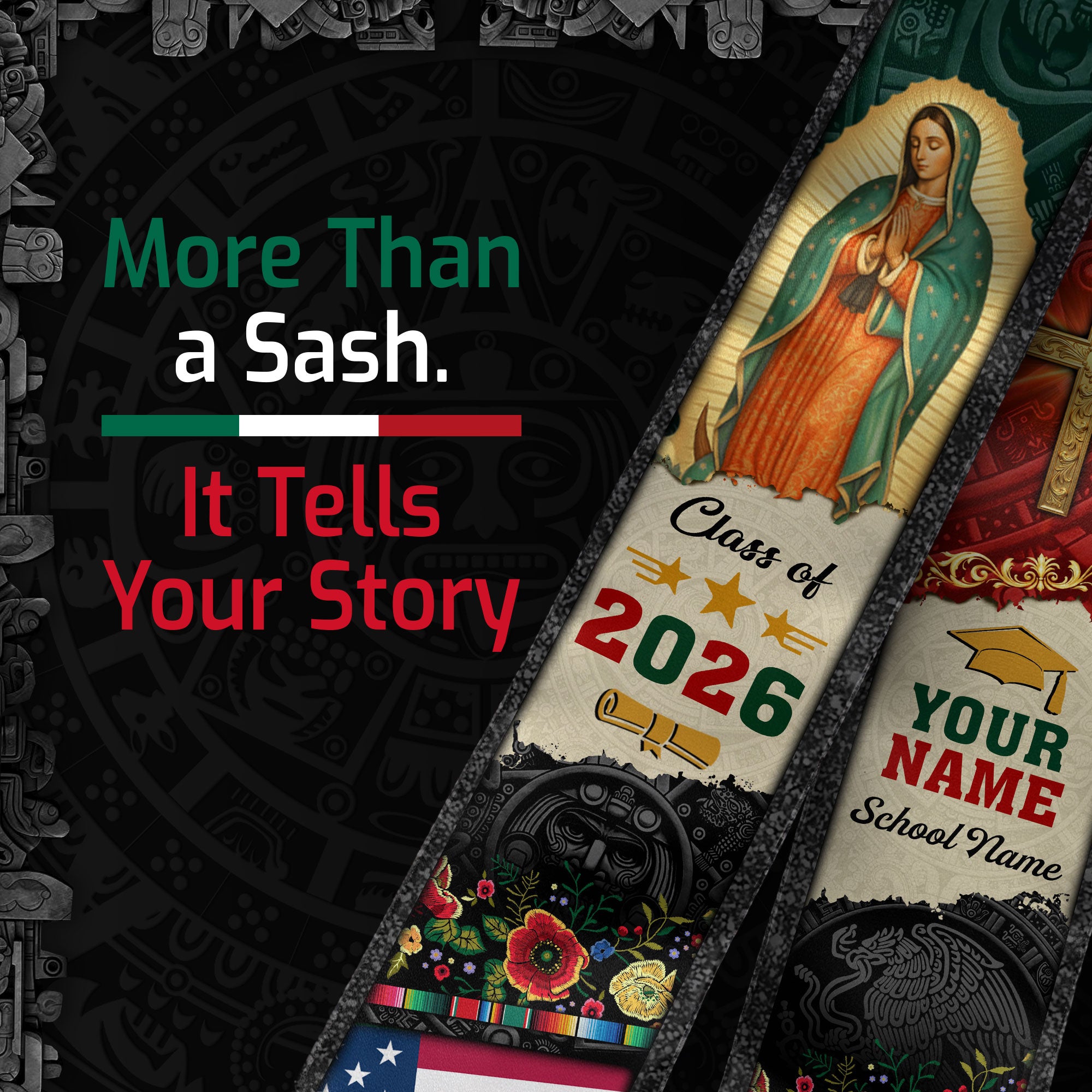 Mexican Graduation Stole Aztec Eagle Virgin Mary Cross Floral USA Flag Custom Sash