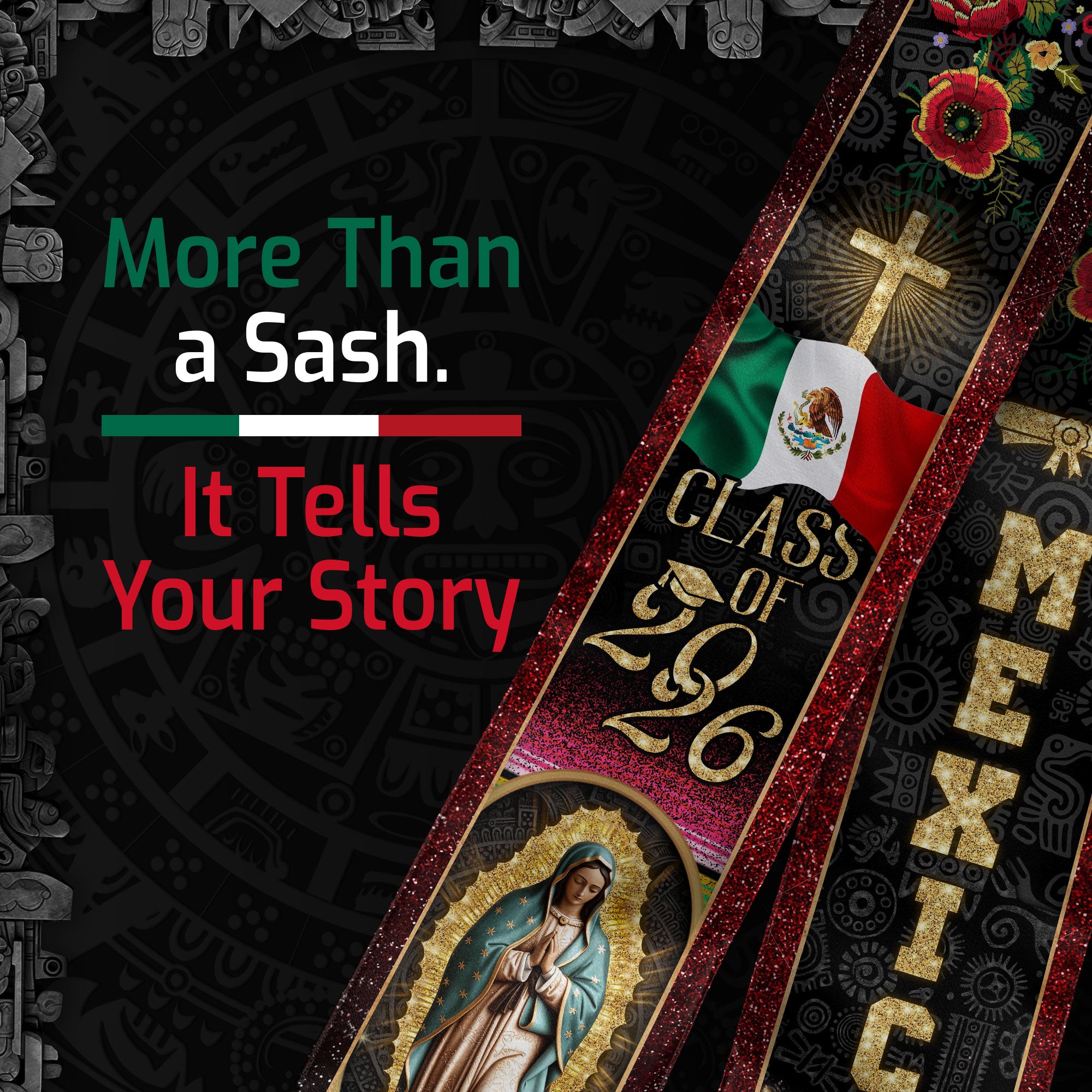 Mexican Graduation Stole Mexico Sash Aztec Virgin Mary Cross Flag Flowers 2026