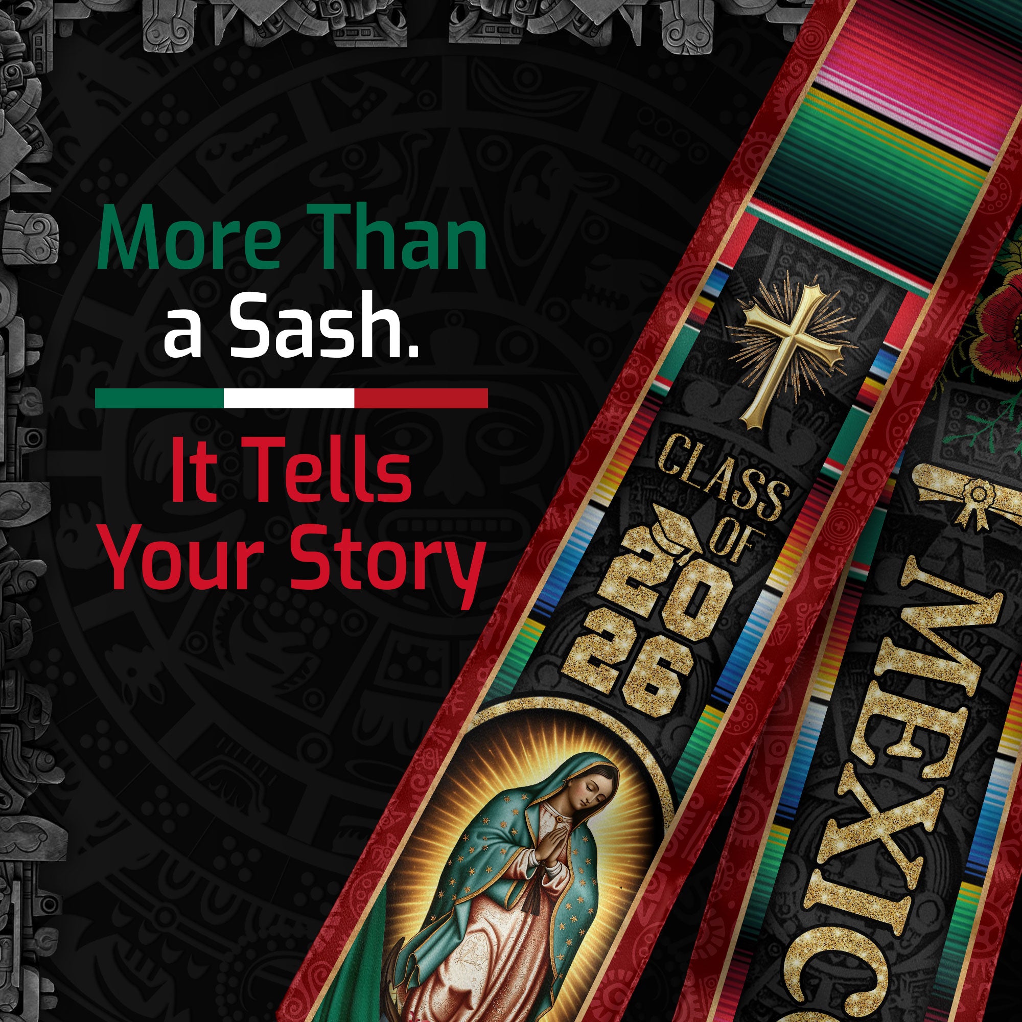 Mexican Graduation Stole Mexico USA Flag Aztec Virgin Mary Cross Serape 2026