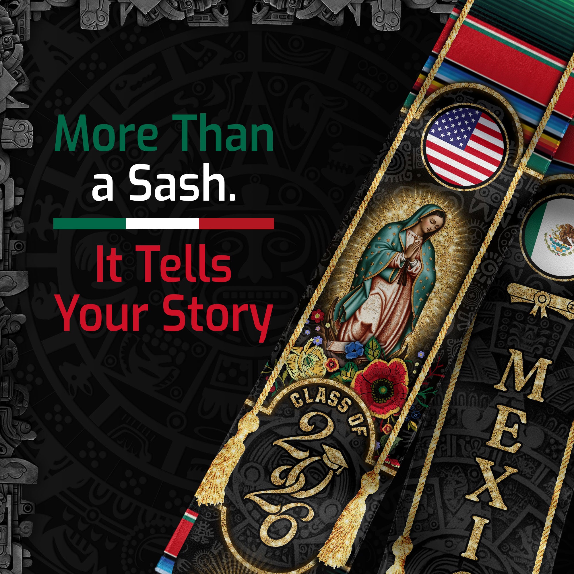 Mexican Graduation Stole Mexico USA Flag Aztec Virgin Mary Cross Flowers 2026