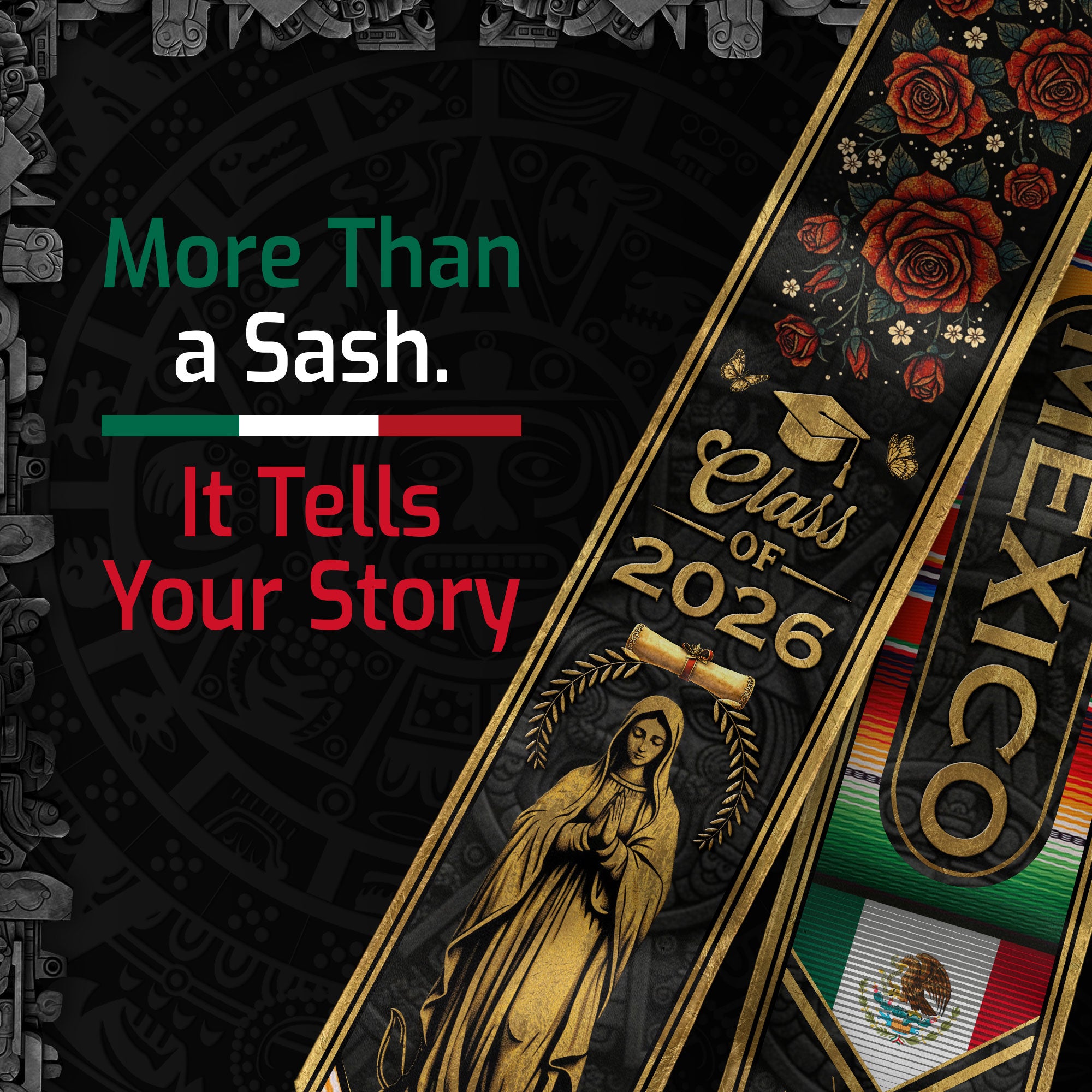 Mexican Graduation Stole Mexico Sash Aztec Roses Virgin Mary Cross Class 2026