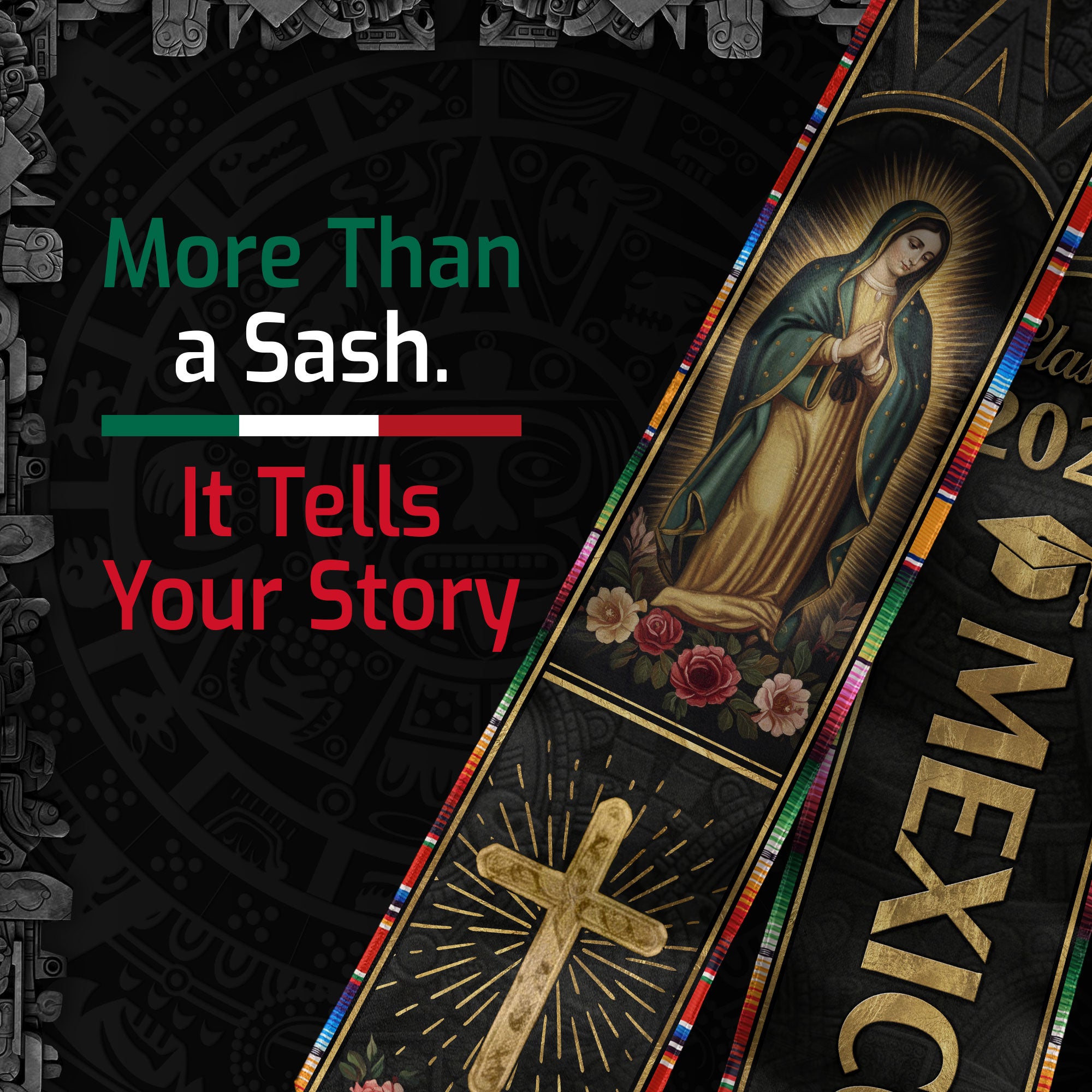 Mexican Graduation Stole Mexico Sash Aztec Virgin Mary Cross Roses Class 2026