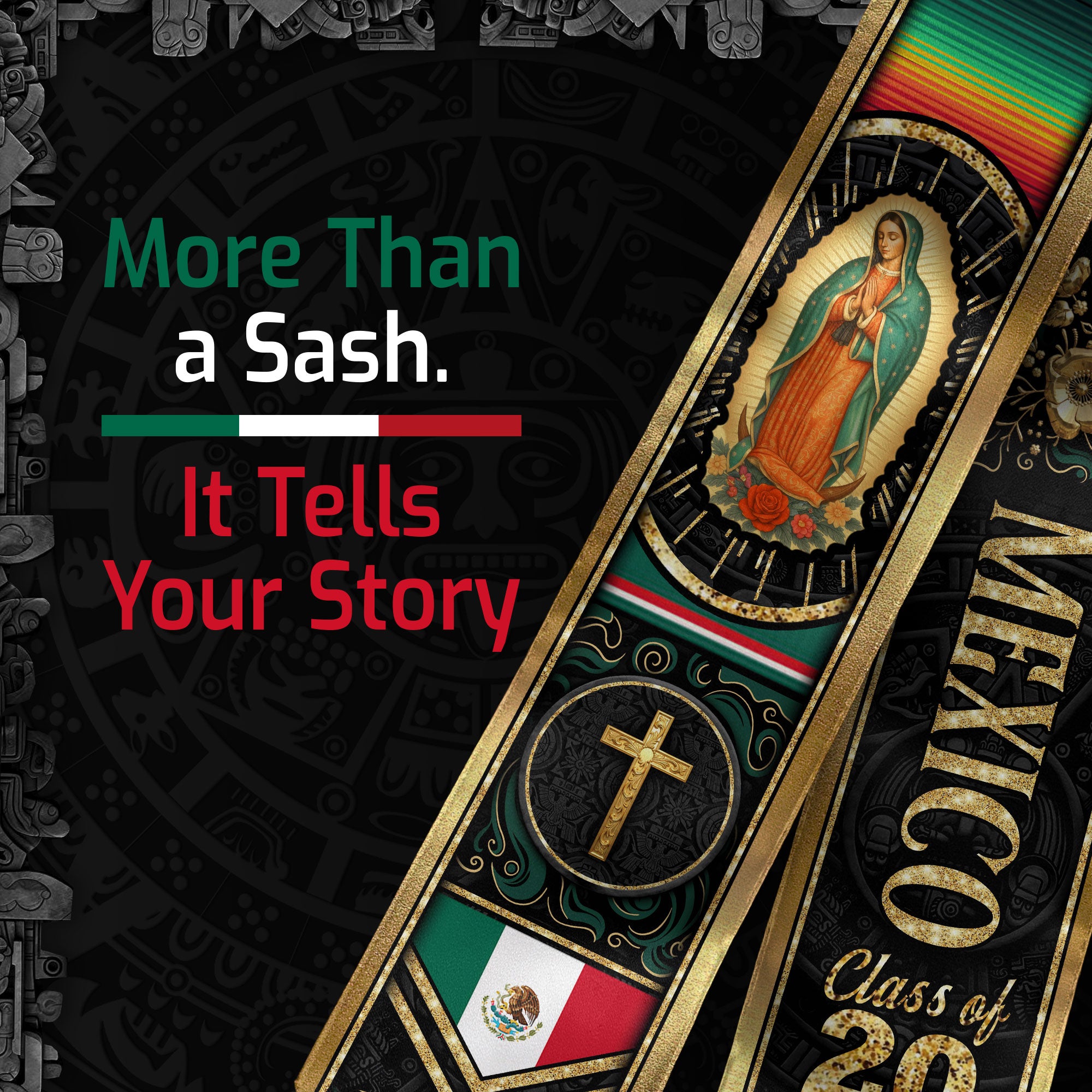 Mexican Graduation Stole Mexico Sash Aztec Virgin Mary Cross Eagle 2026