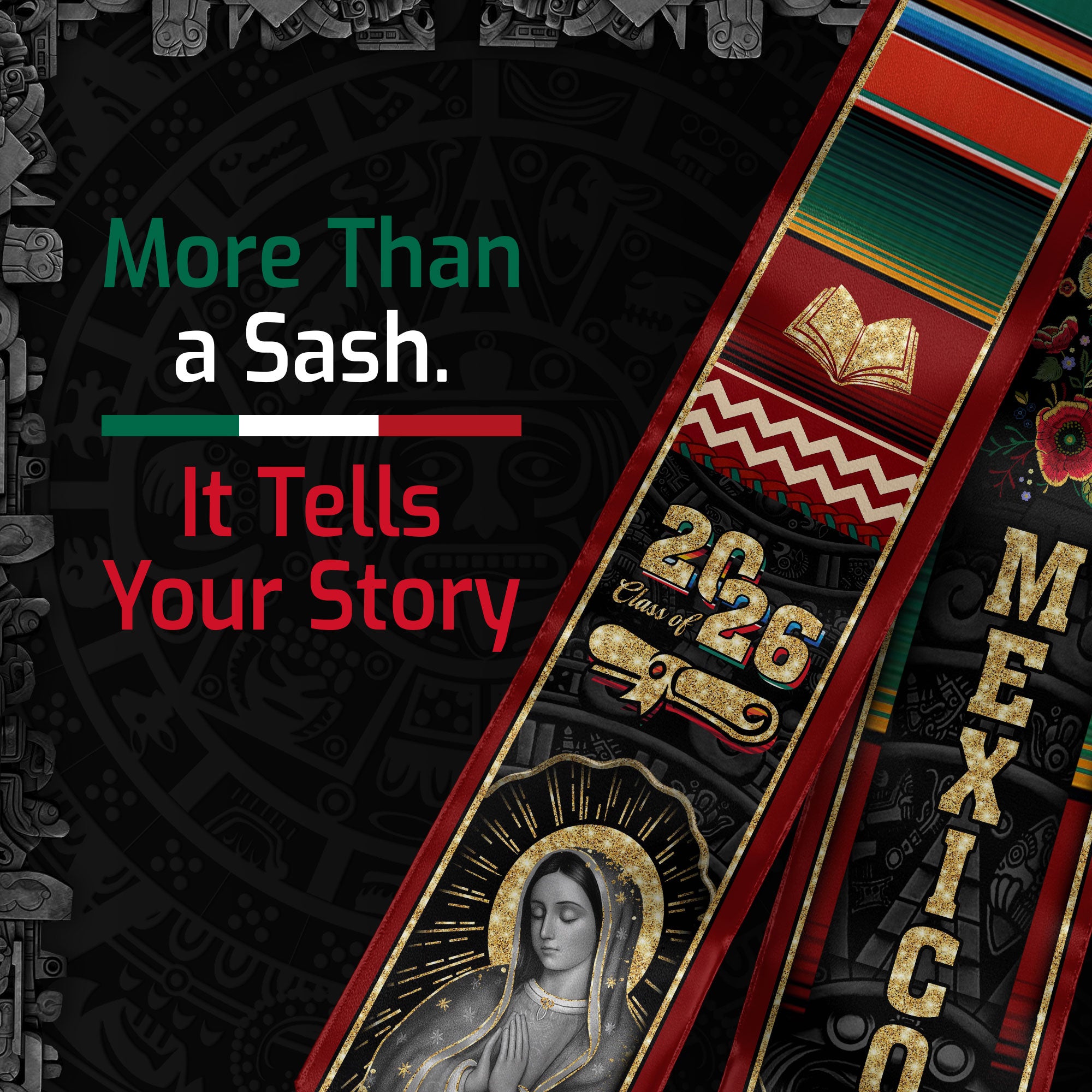 Mexican Graduation Stole Mexico Sash Aztec Virgin Mary Bible Cross 2026