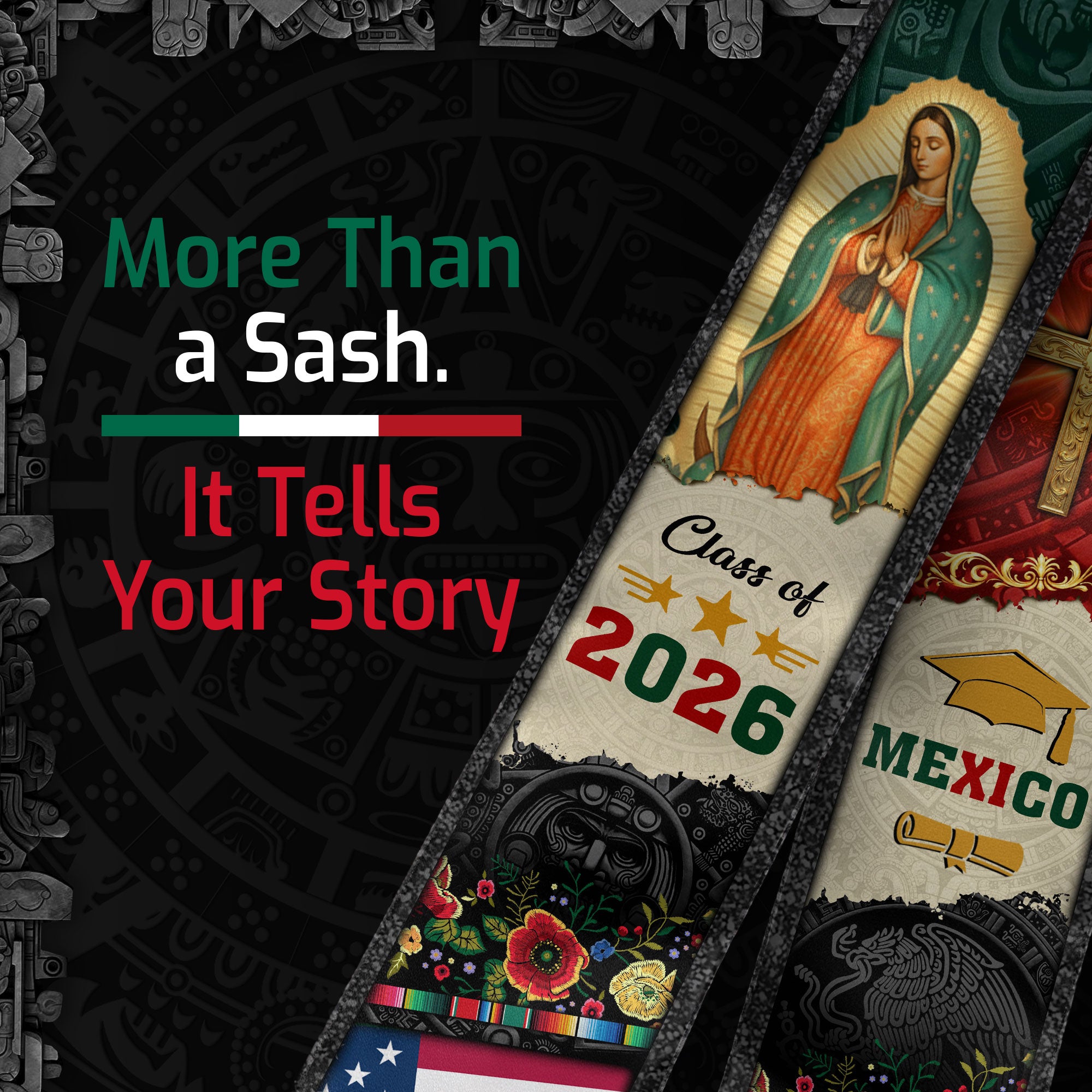 Mexican Graduation Stole Mexico USA Flag Aztec Virgin Mary Cross Eagle 2026