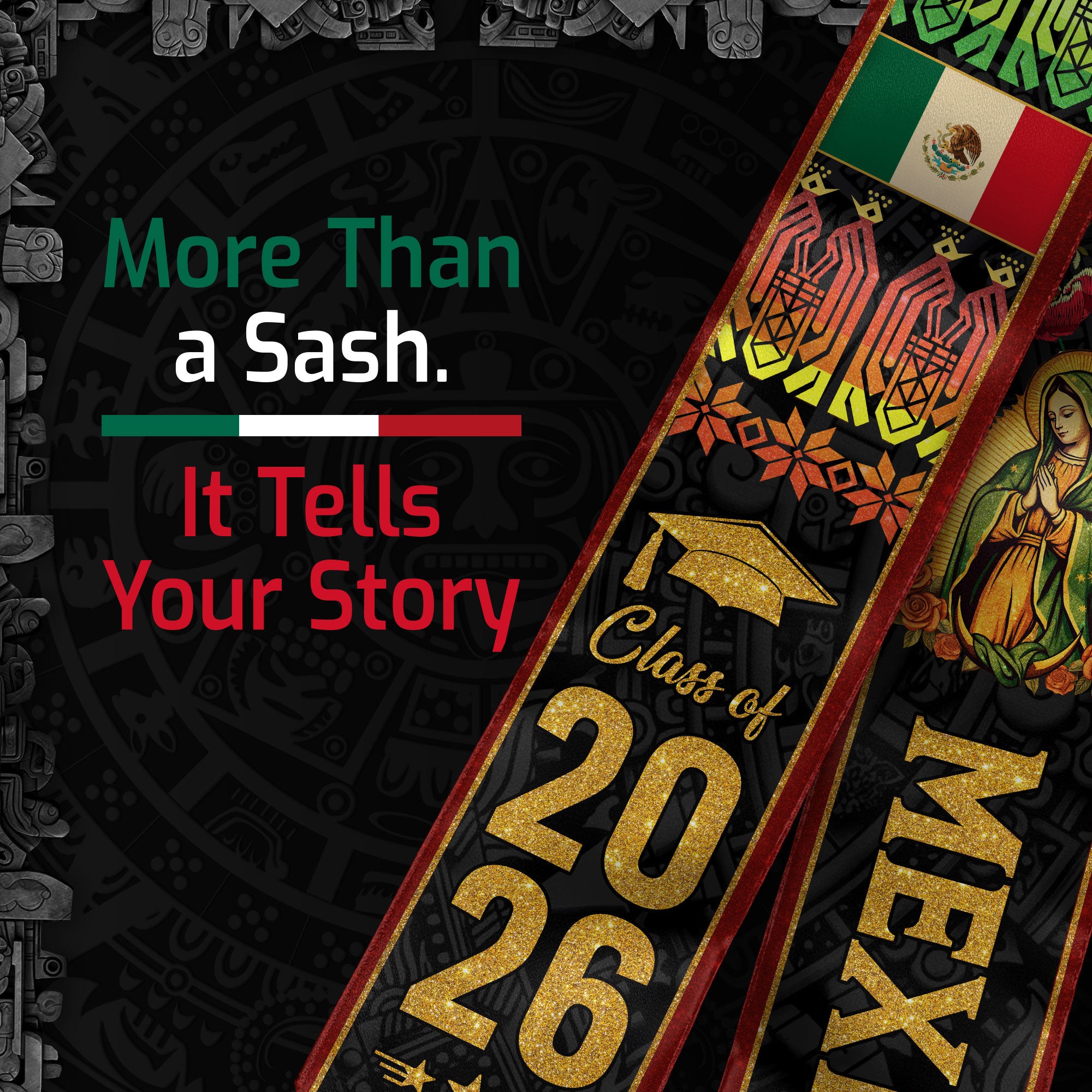 Mexican Graduation Stole Mexico Sash Aztec Virgin Mary Flowers Class 2026