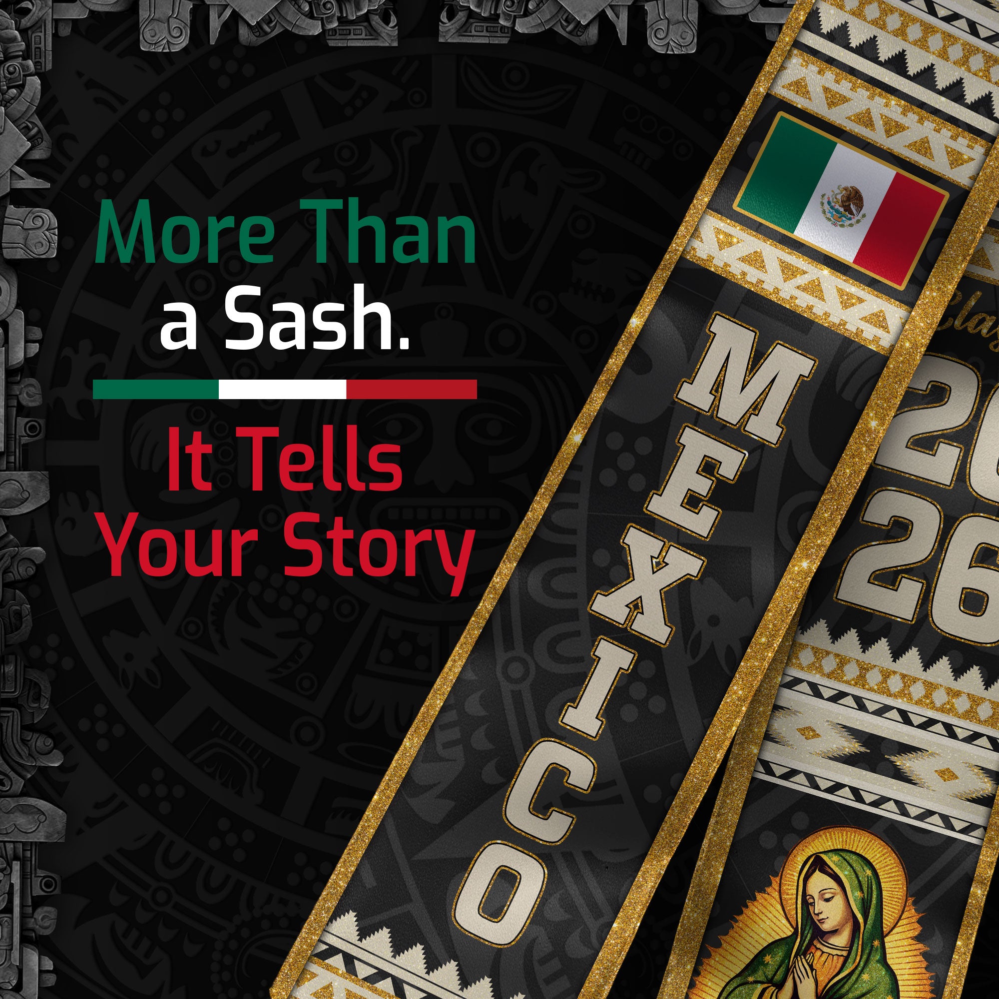 Mexican Graduation Stole Mexico Sash Aztec Virgin Mary Gold Pattern 2026