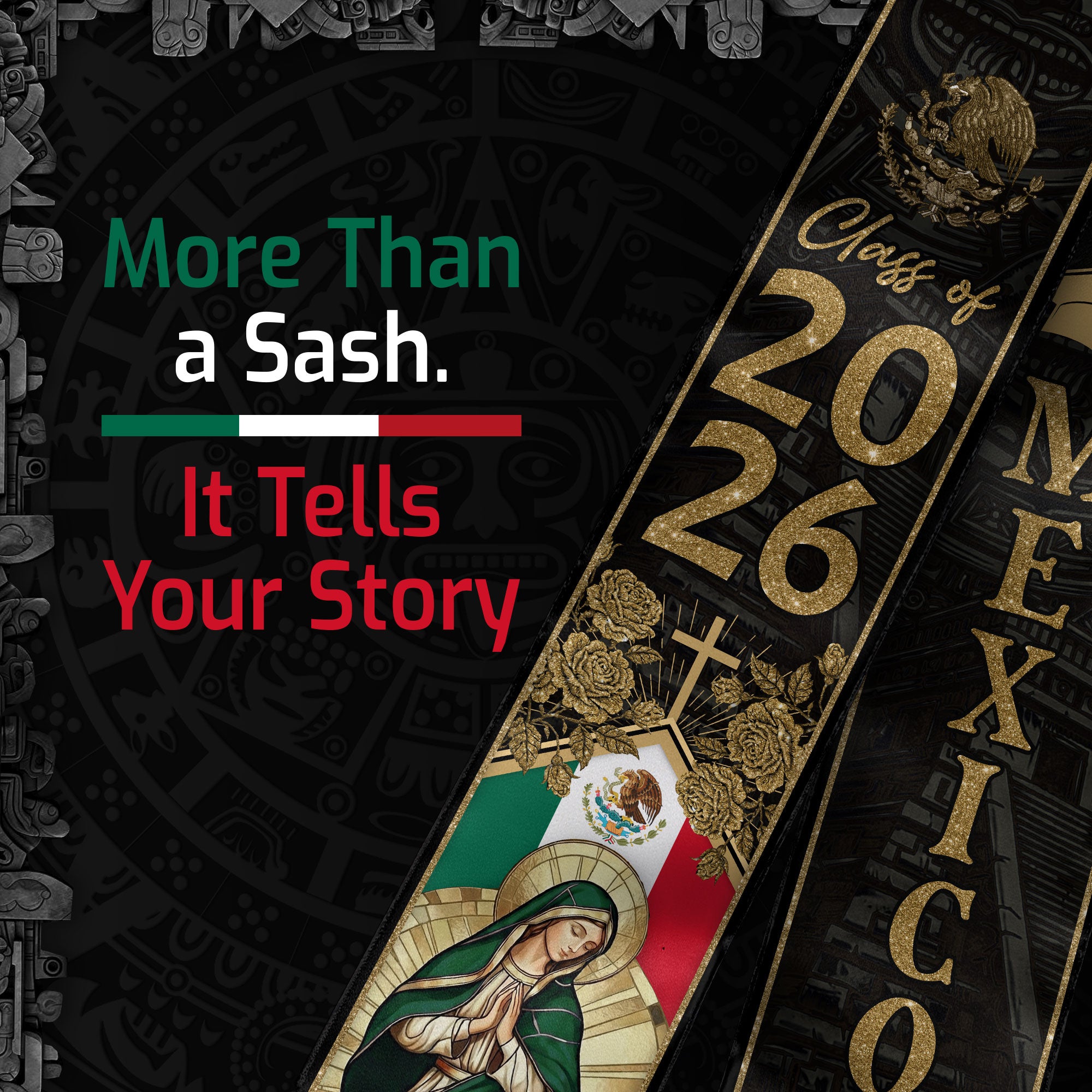 Mexican Graduation Stole Mexico Sash Virgin Mary Cross Roses Gold 2026