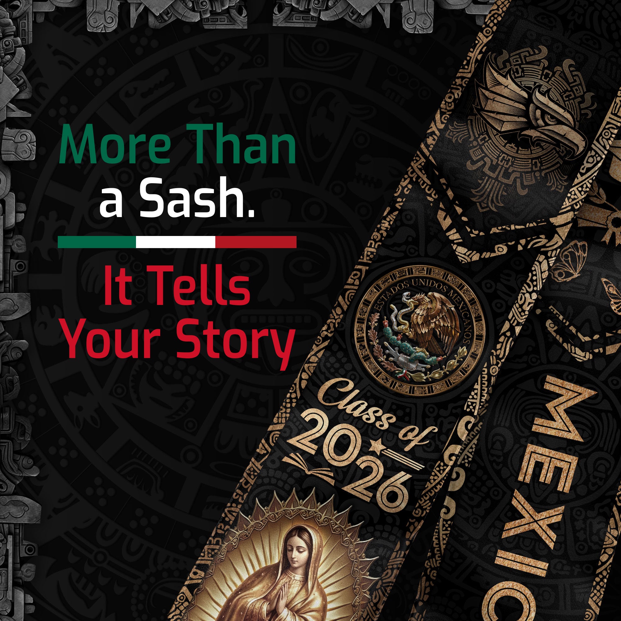 Mexican Graduation Stole Mexico Sash Aztec Eagle Virgin Mary Gold 2026