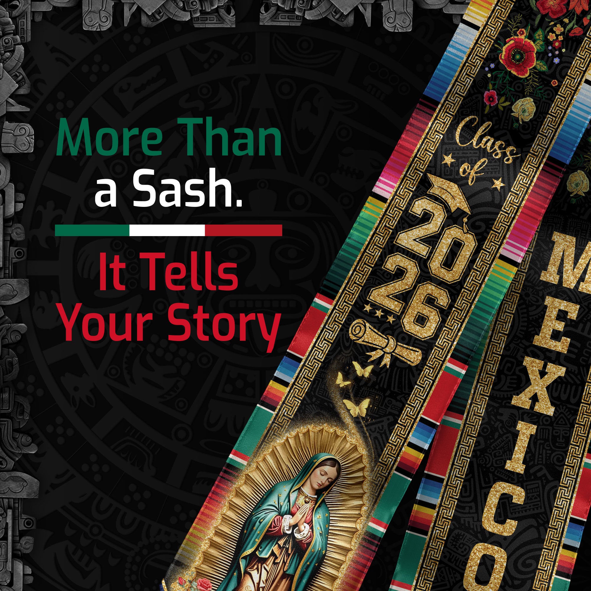 Mexican Graduation Stole Mexico USA Flag Aztec Eagle Virgin Mary Serape 2026