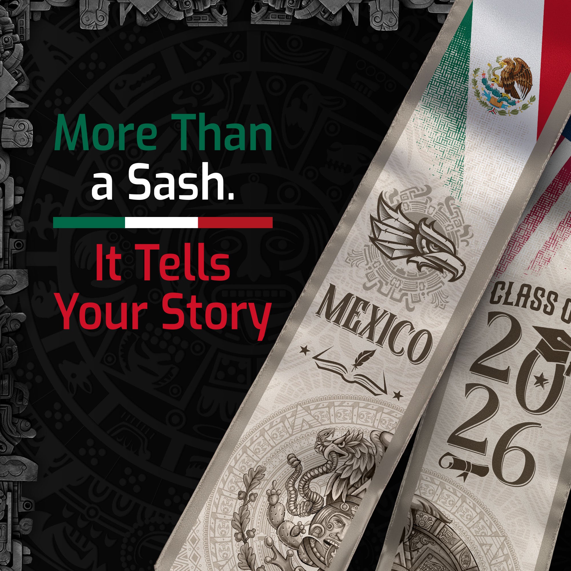 Mexican Graduation Stole Mexico USA Flag Aztec Calendar Eagle Pyramid 2026