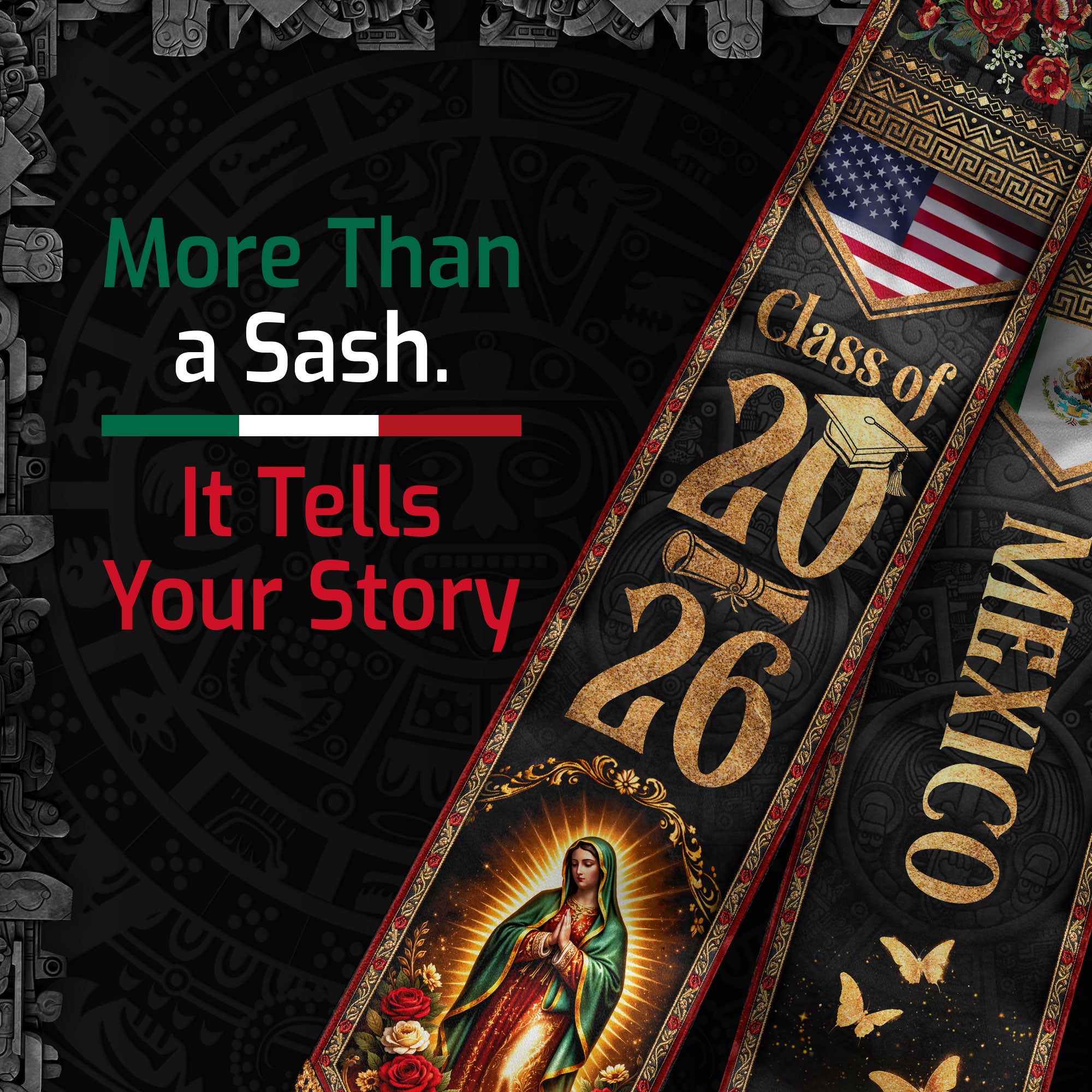 Virgen de Guadalupe Mexican American Graduation Stole Class of 2026 Sash