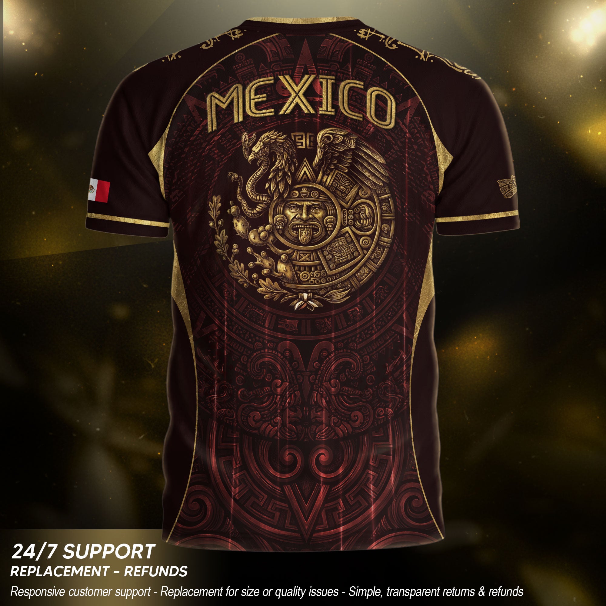 Camiseta de fútbol premium con emblema de águila azteca verde y dorado de México