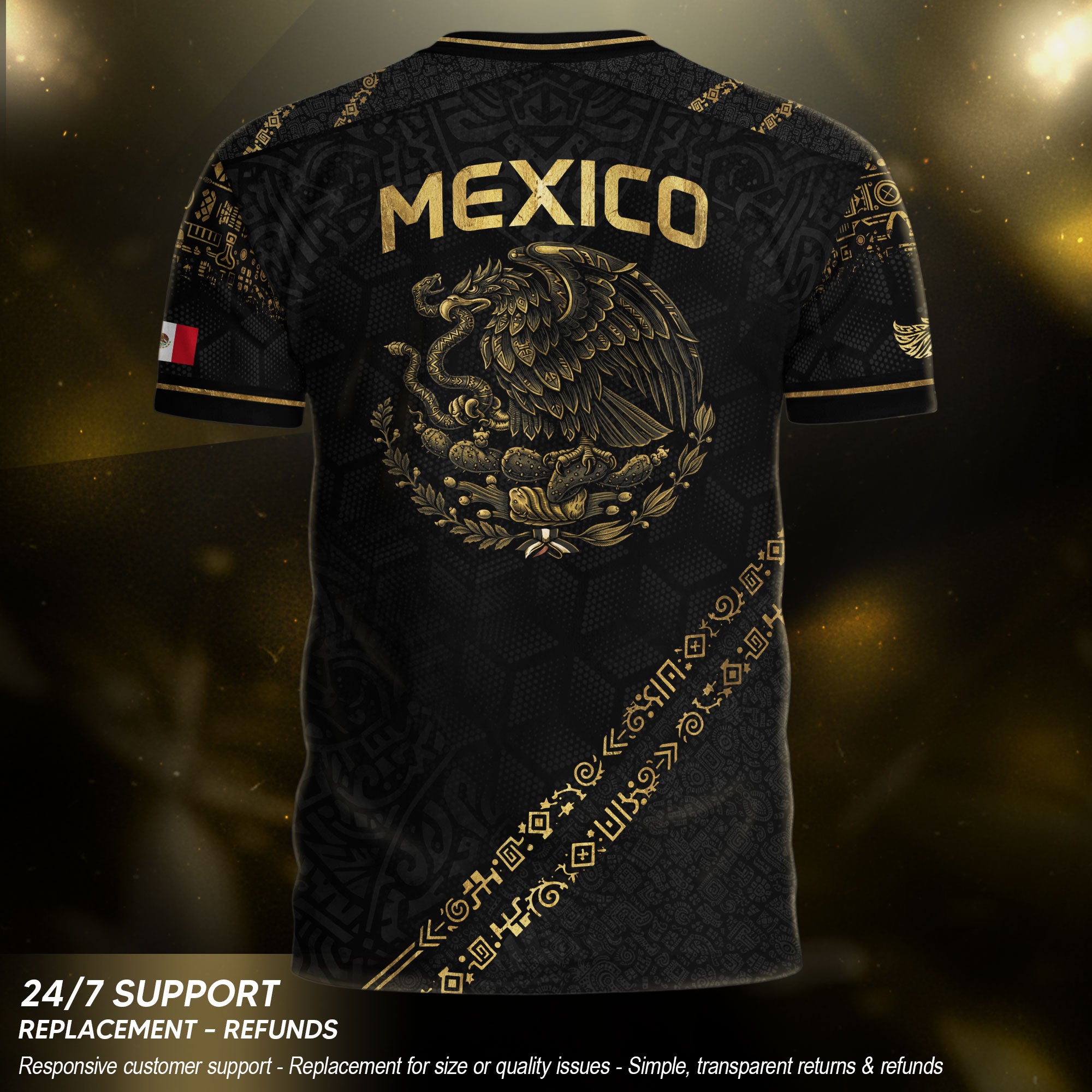 Camiseta de fútbol premium con emblema de águila azteca verde y dorado de México