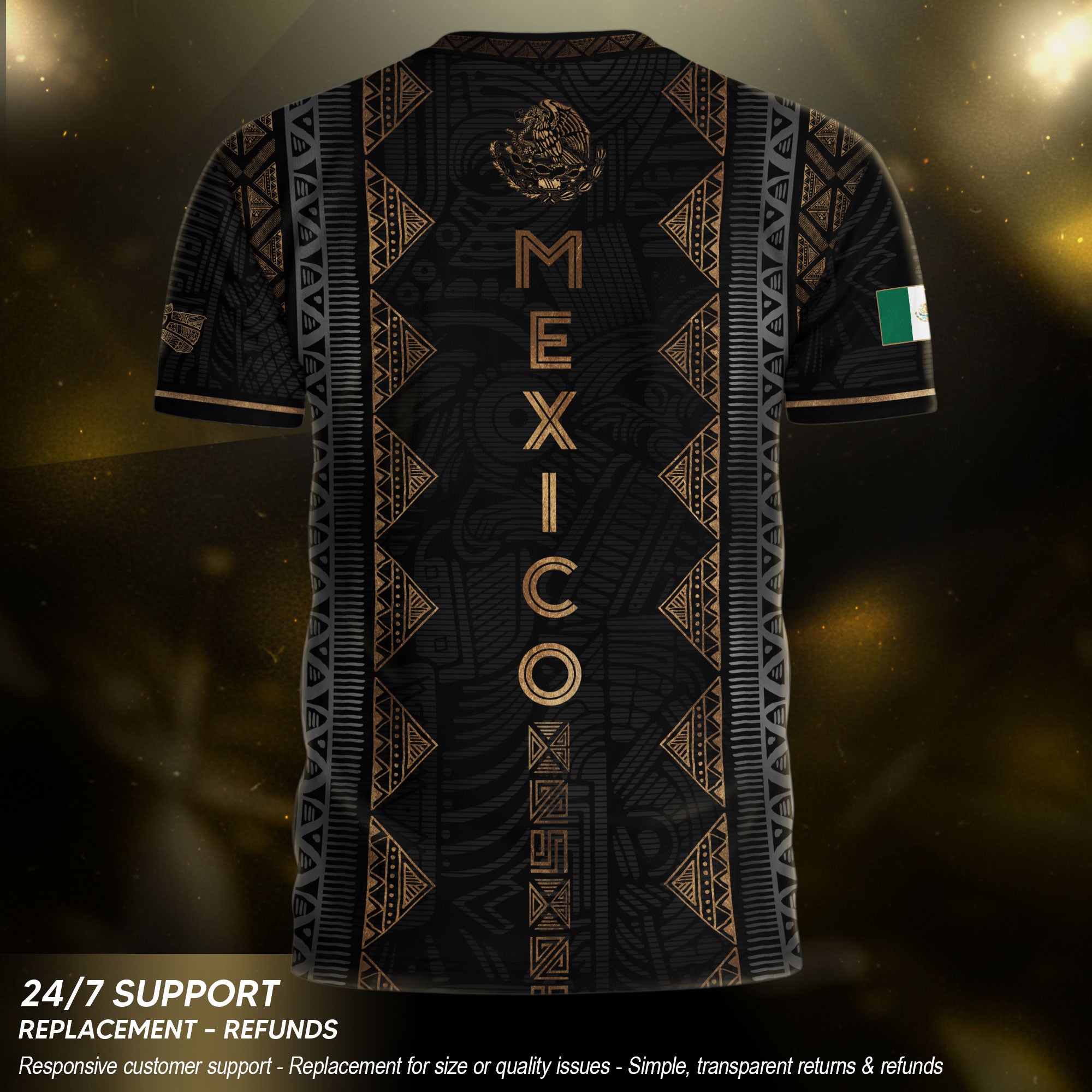 Camiseta de fútbol premium con emblema de águila azteca verde y dorado de México