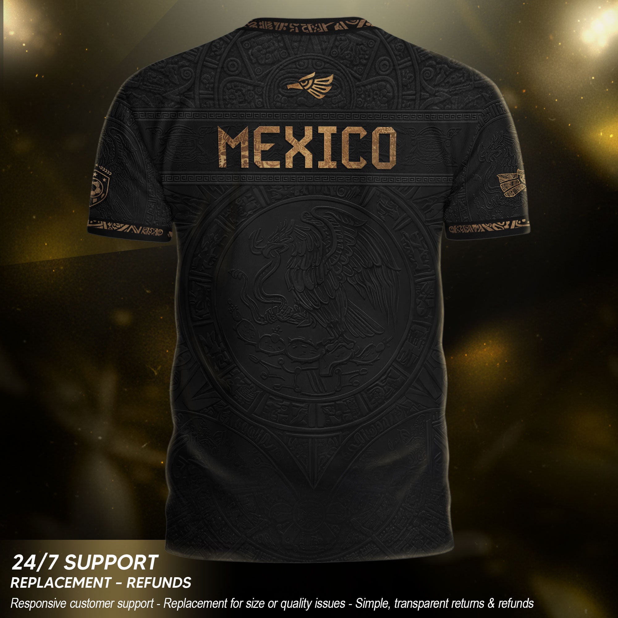 Camiseta de fútbol premium con emblema de águila azteca verde y dorado de México