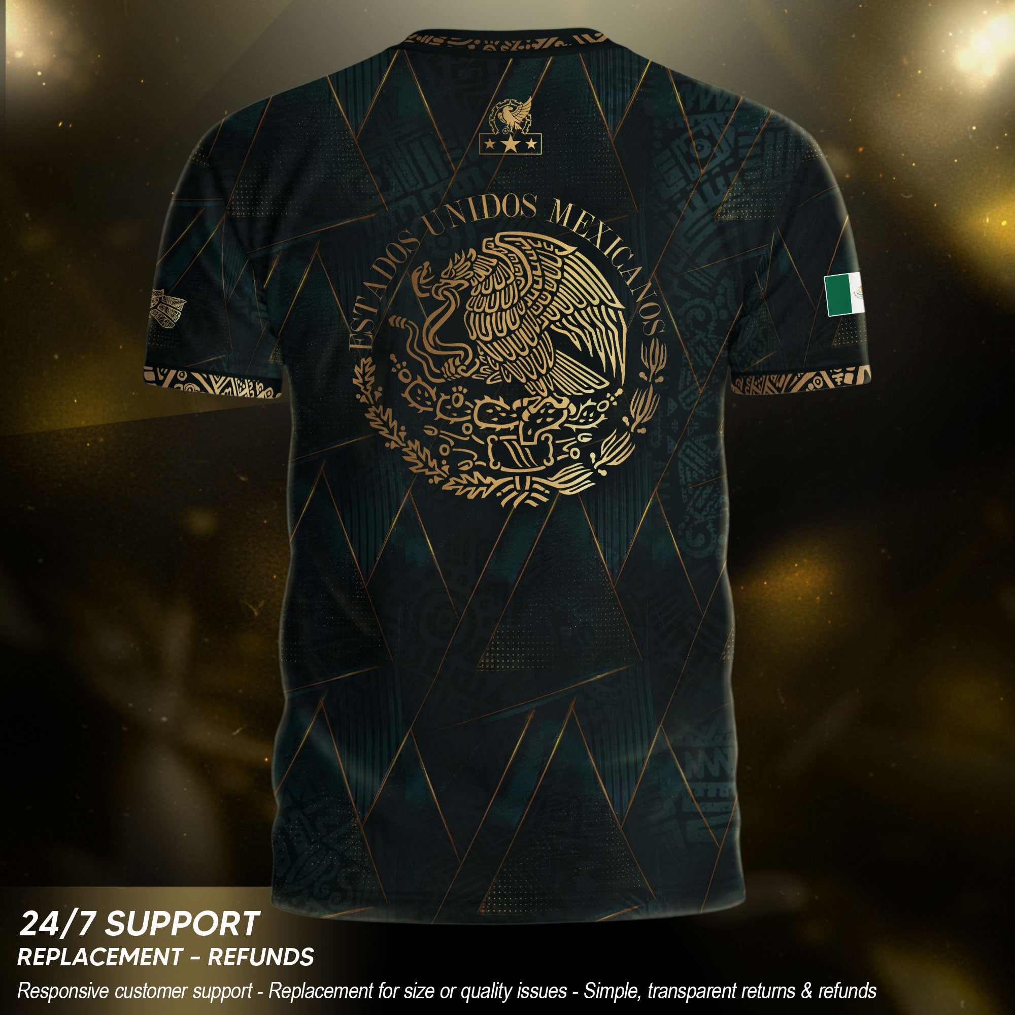 Camiseta de fútbol premium con emblema de águila azteca verde y dorado de México