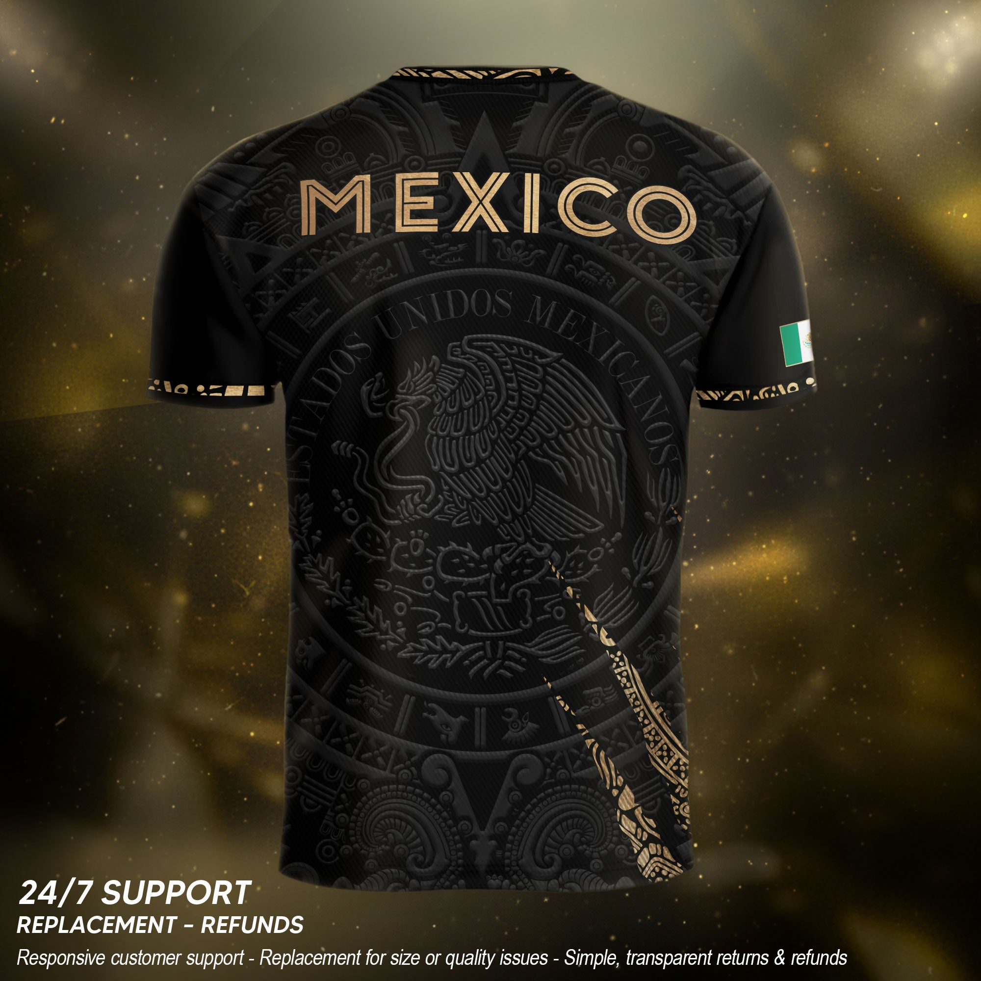 Camiseta de fútbol premium con emblema de águila azteca verde y dorado de México