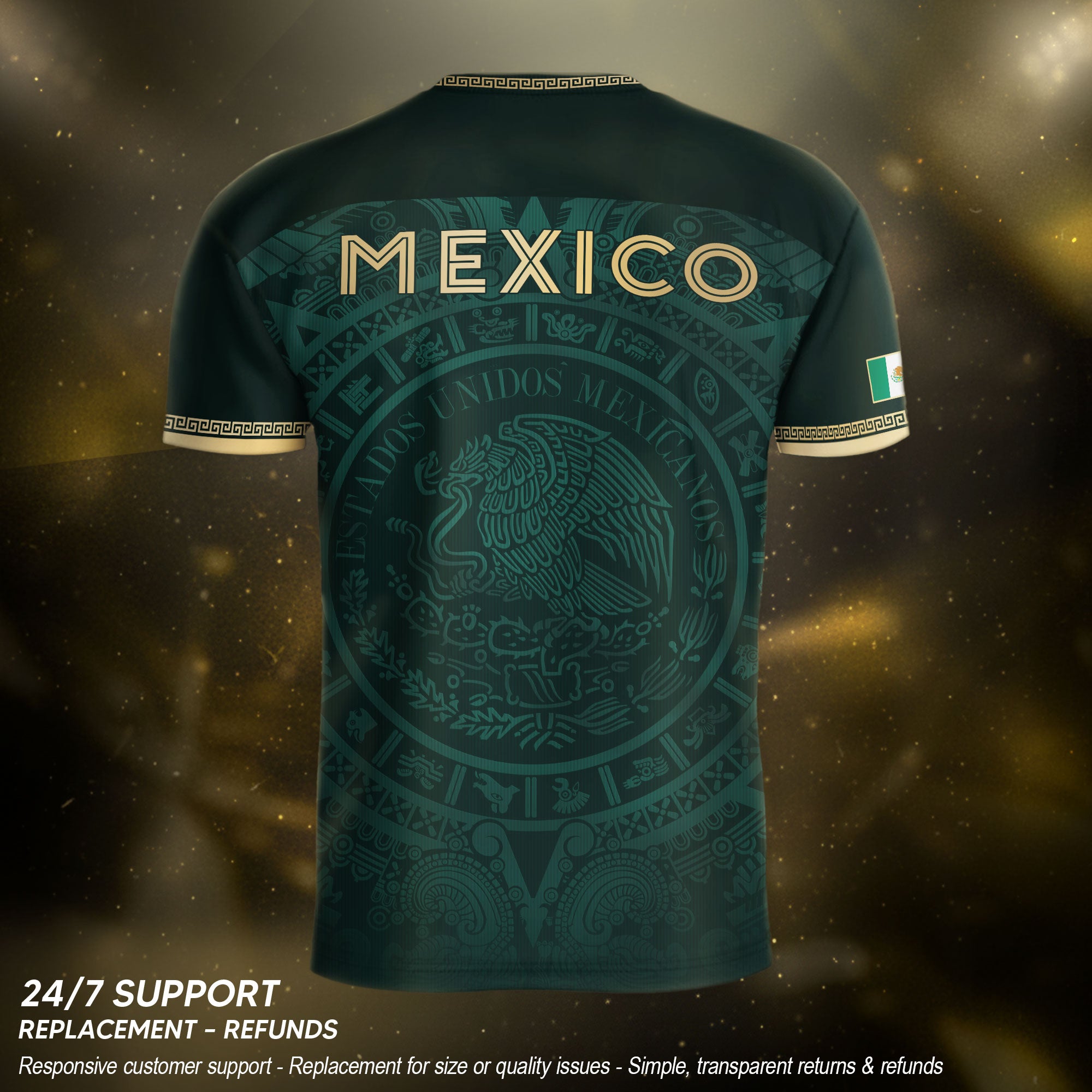 Camiseta de fútbol premium con emblema de águila azteca verde y dorado de México
