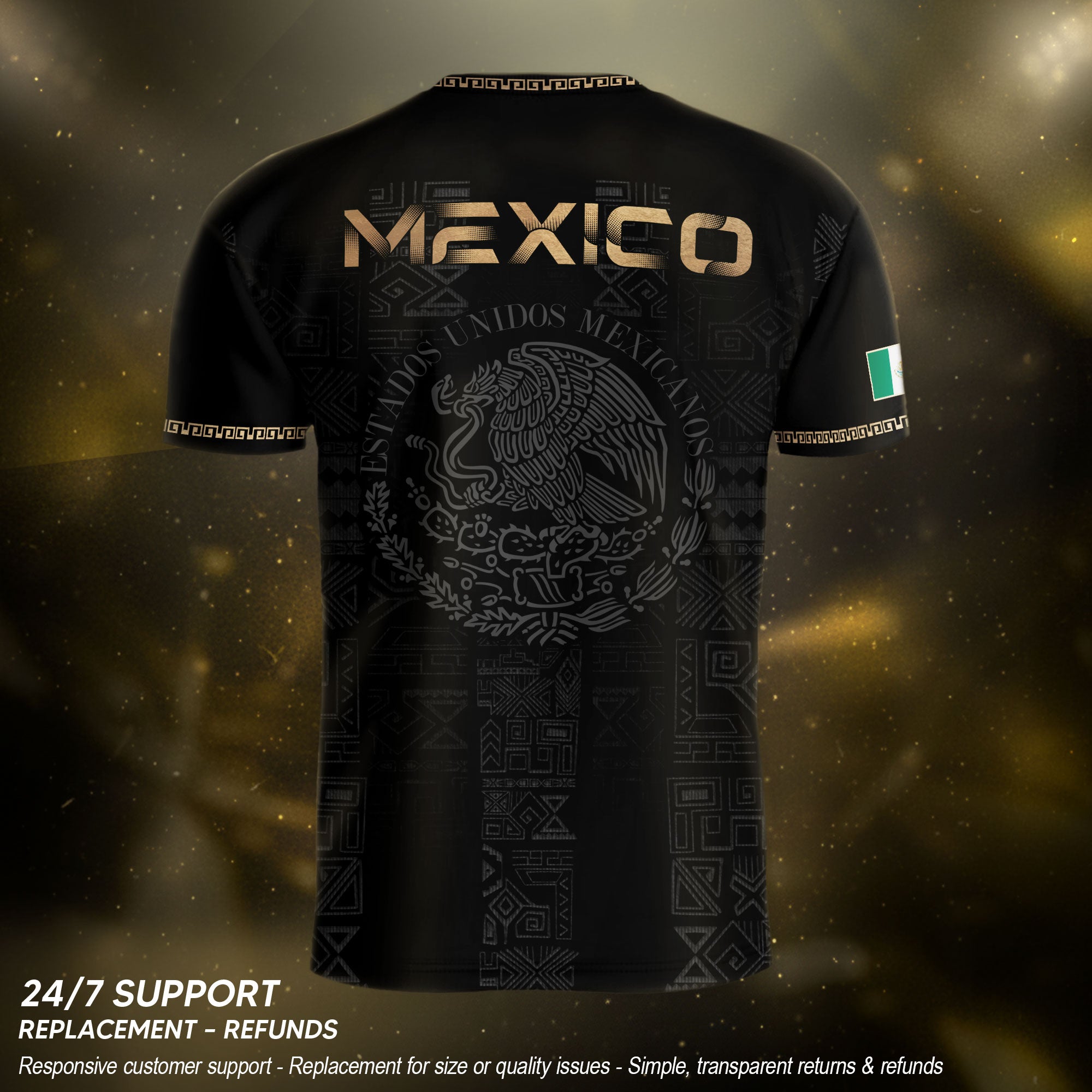Mexico Heritage Orgullo Mexicano Black Gold Eagle Aztec Calendar Soccer Jersey