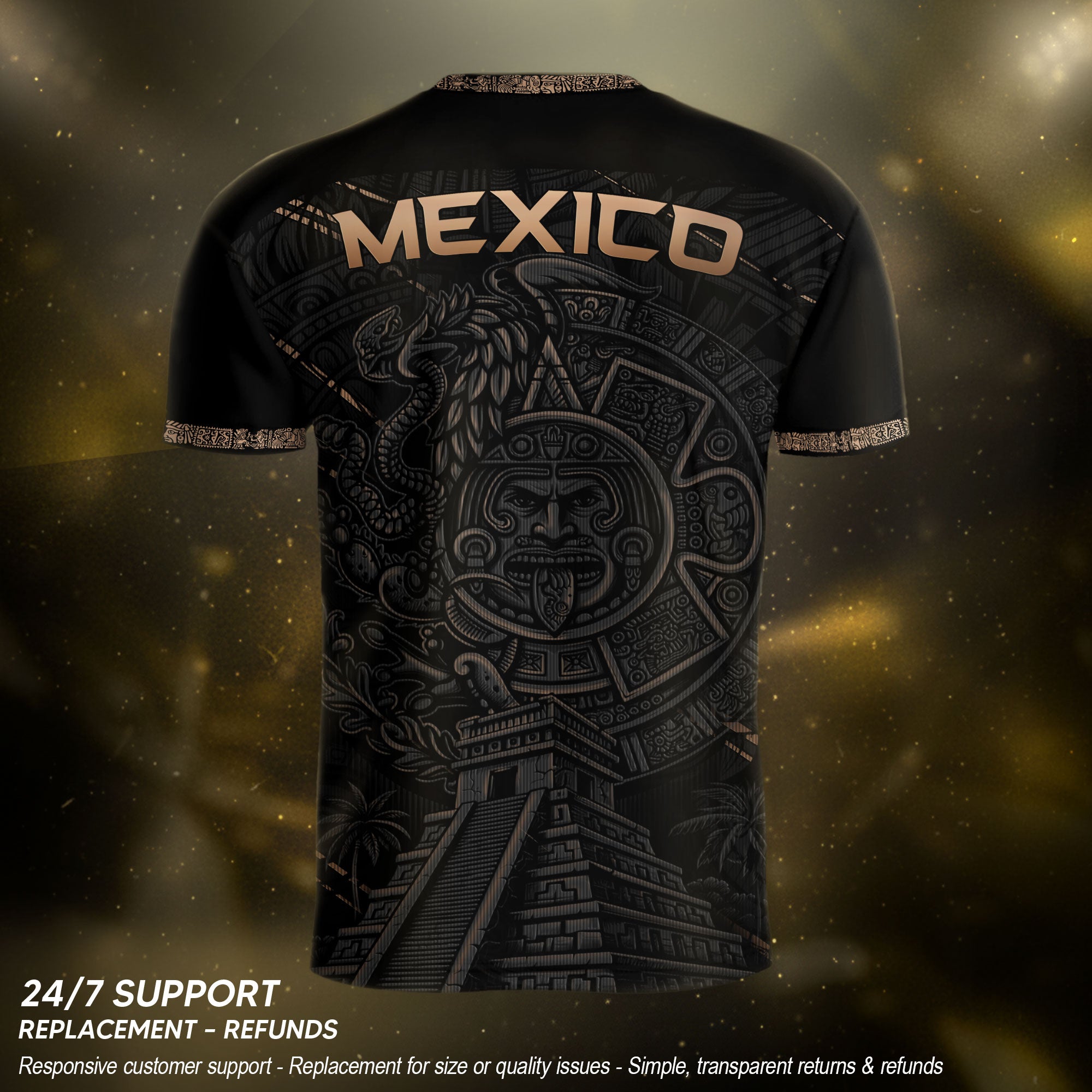 Camiseta de fútbol premium con emblema de águila azteca verde y dorado de México