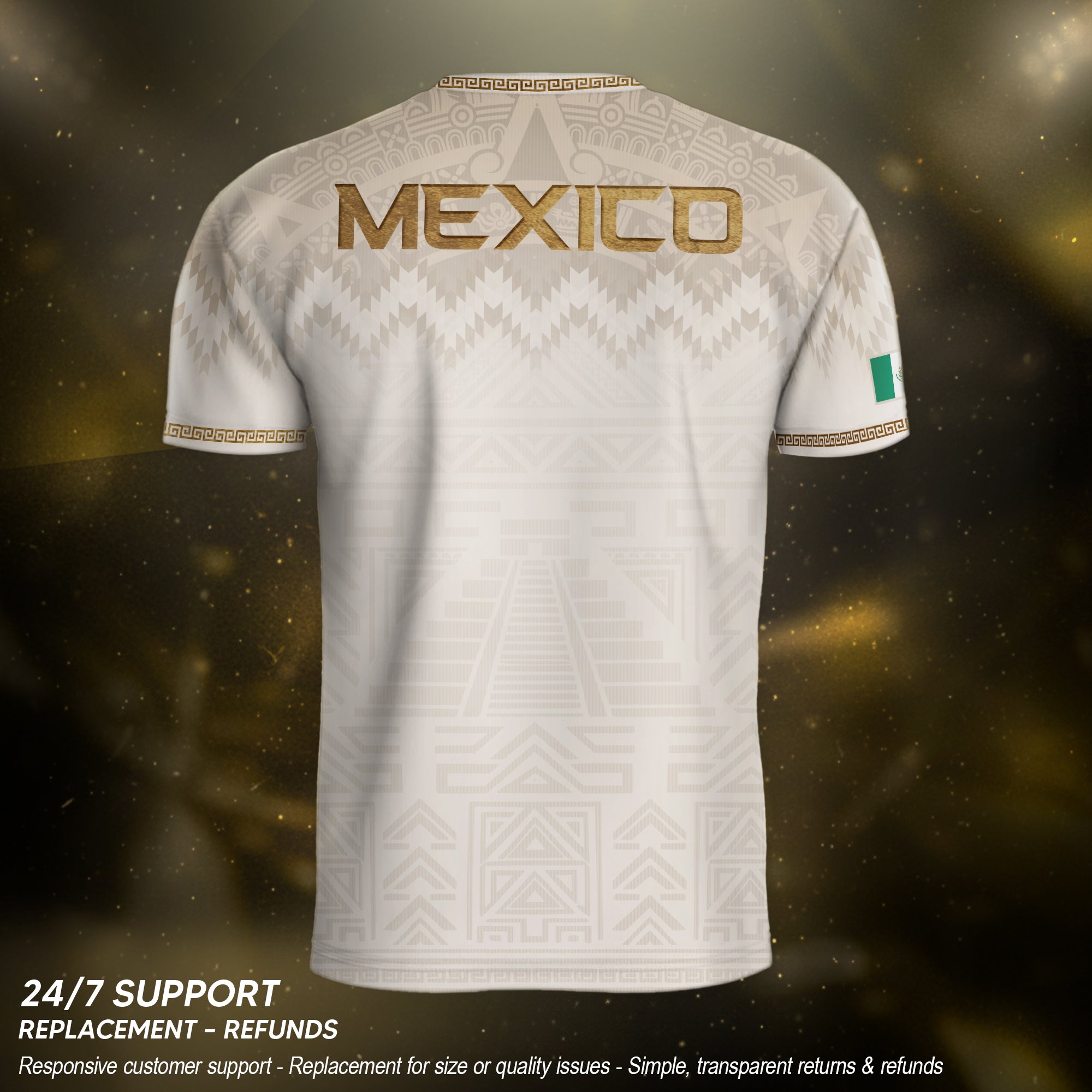 Camiseta de fútbol premium con emblema de águila azteca verde y dorado de México