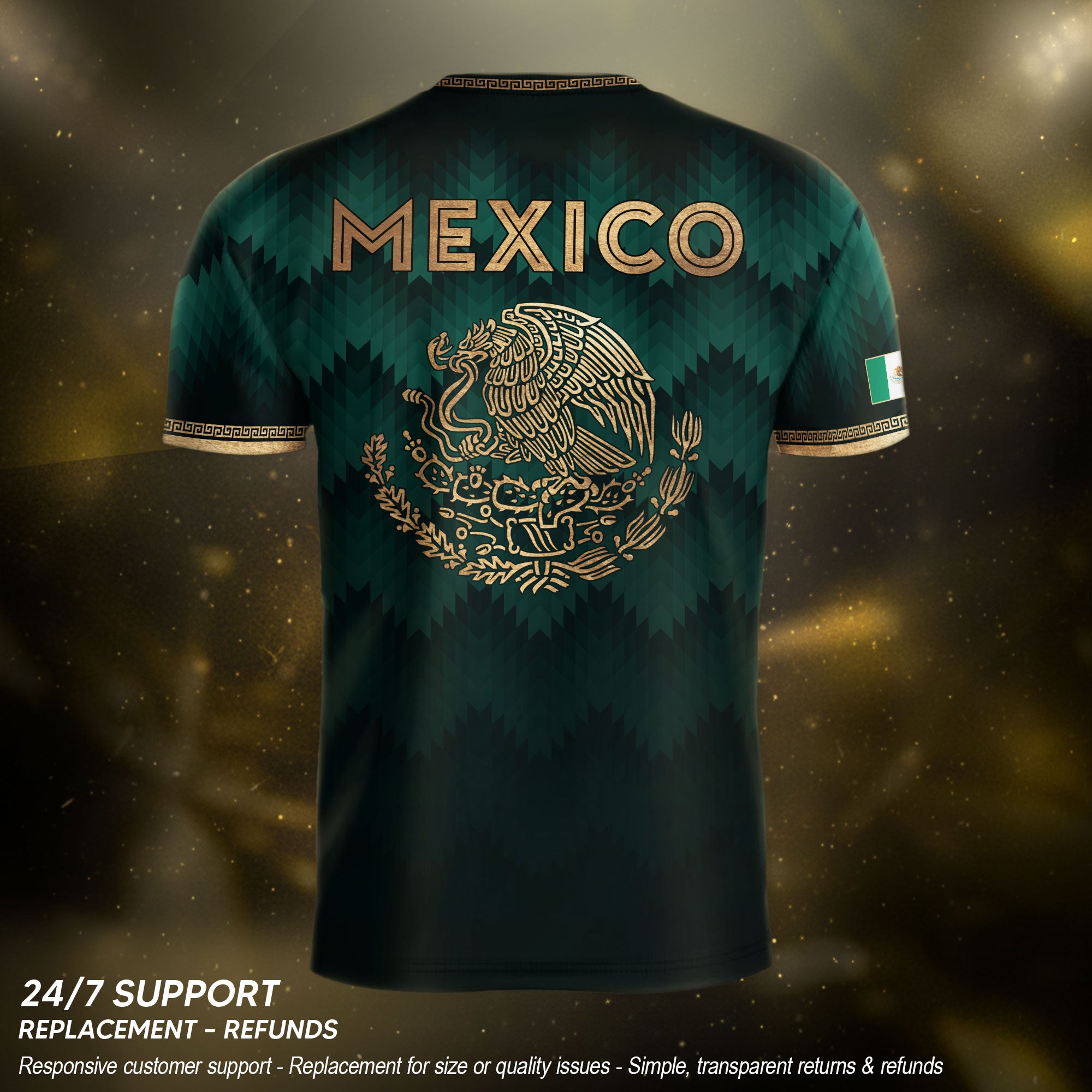 Mexico Coat of Arms Green Gold Aztec Ziczac Pattern Wing Graphic Heritage Soccer Jersey