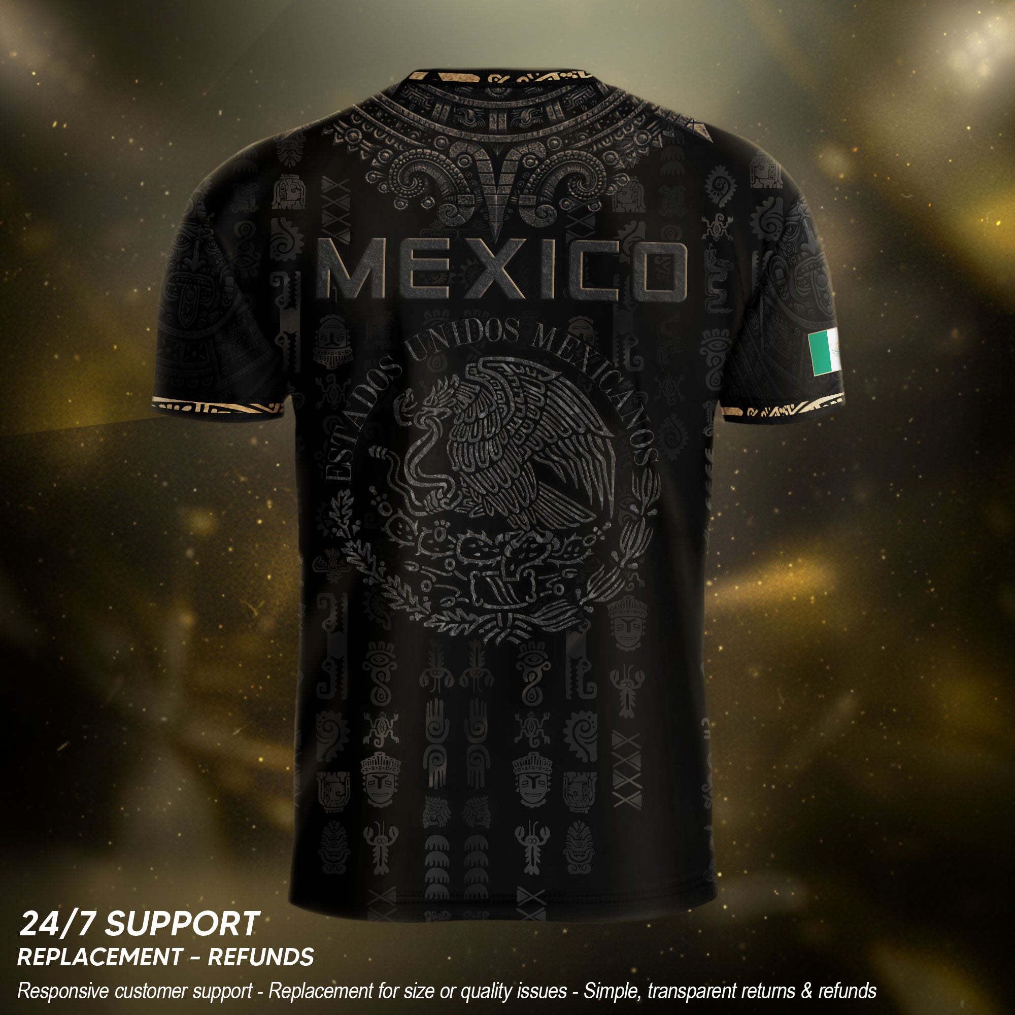 Mexico Heritage Orgullo Mexicano Black Bronze Ancient Mask Aztec Calendar Soccer Jersey