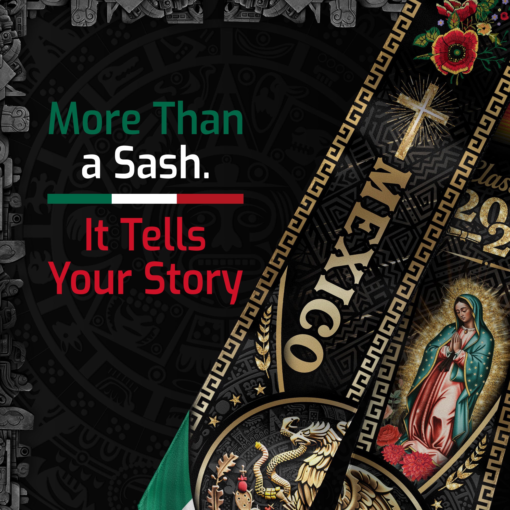 Mexican Graduation Stole Class of 2026 Aztec Eagle Cross Virgin Mary Mexico USA Flag Sash