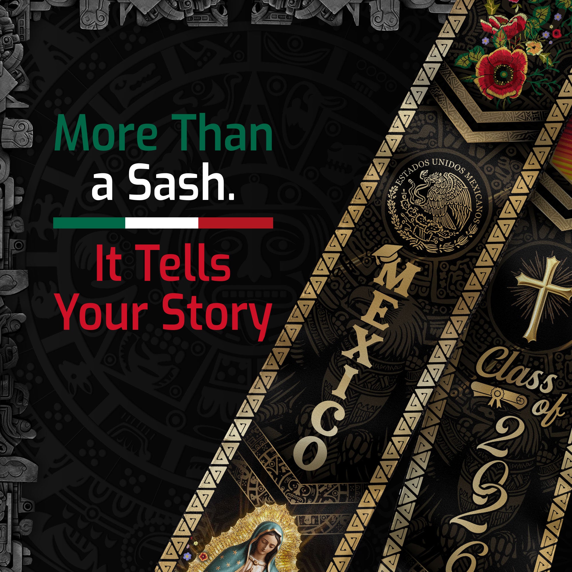 Mexican Graduation Stole Class of 2026 Aztec Eagle Cross Virgin Mary Floral Mexico Sash