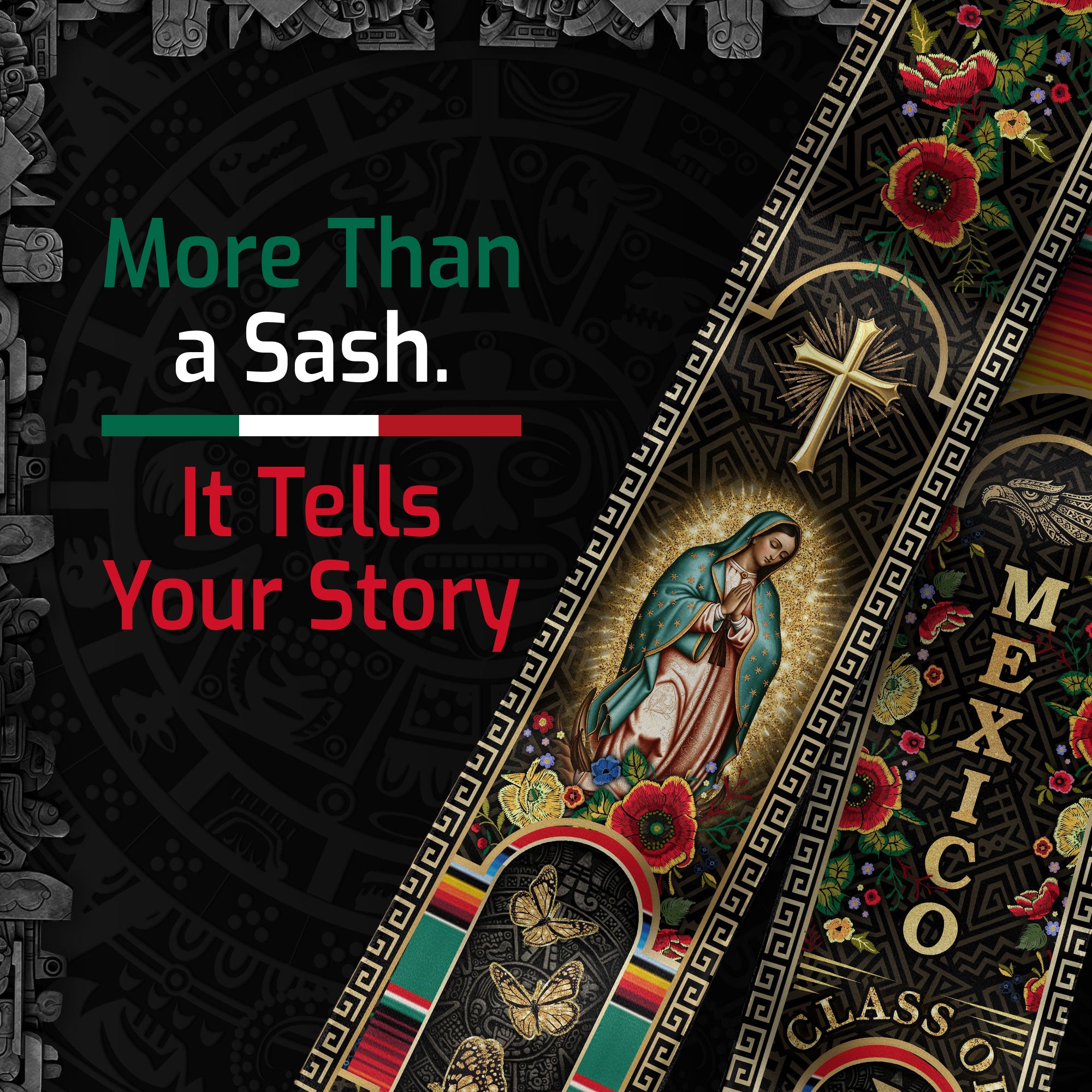 Mexican Graduation Stole Class of 2026 Aztec Cross Virgin Mary Butterfly Floral Mexico Sash