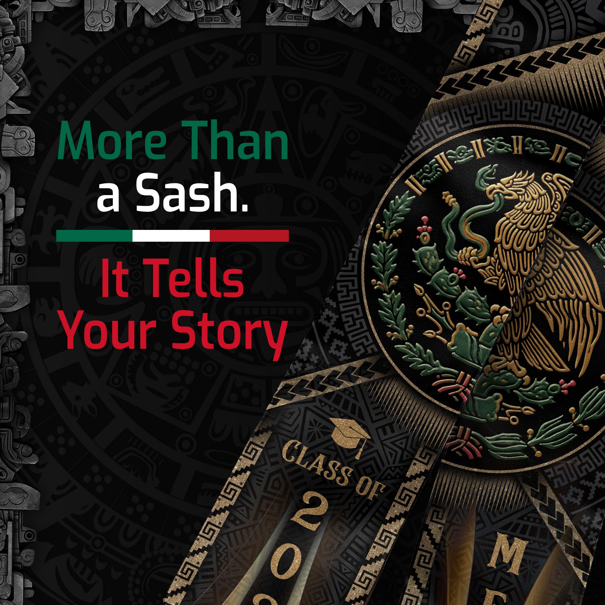 Mexican Graduation Stole Class of 2026 Aztec Calendar Eagle Emblem Gold Mexico Sash