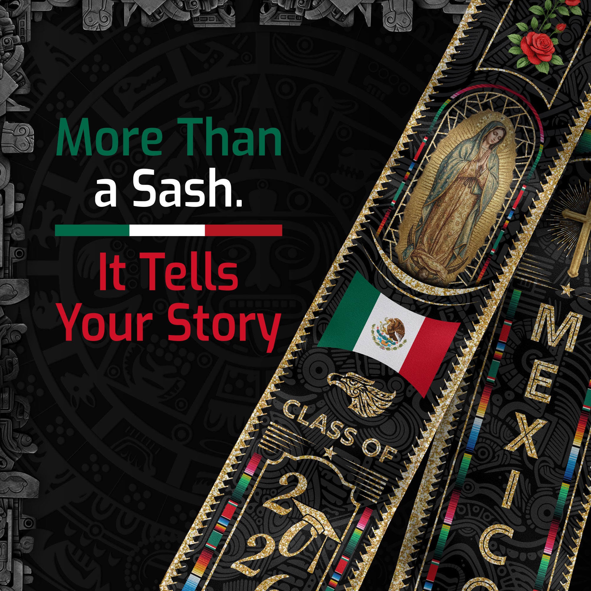 Mexico Graduation Stole Class of 2026, Virgin Mary & Aztec Calendar Heritage