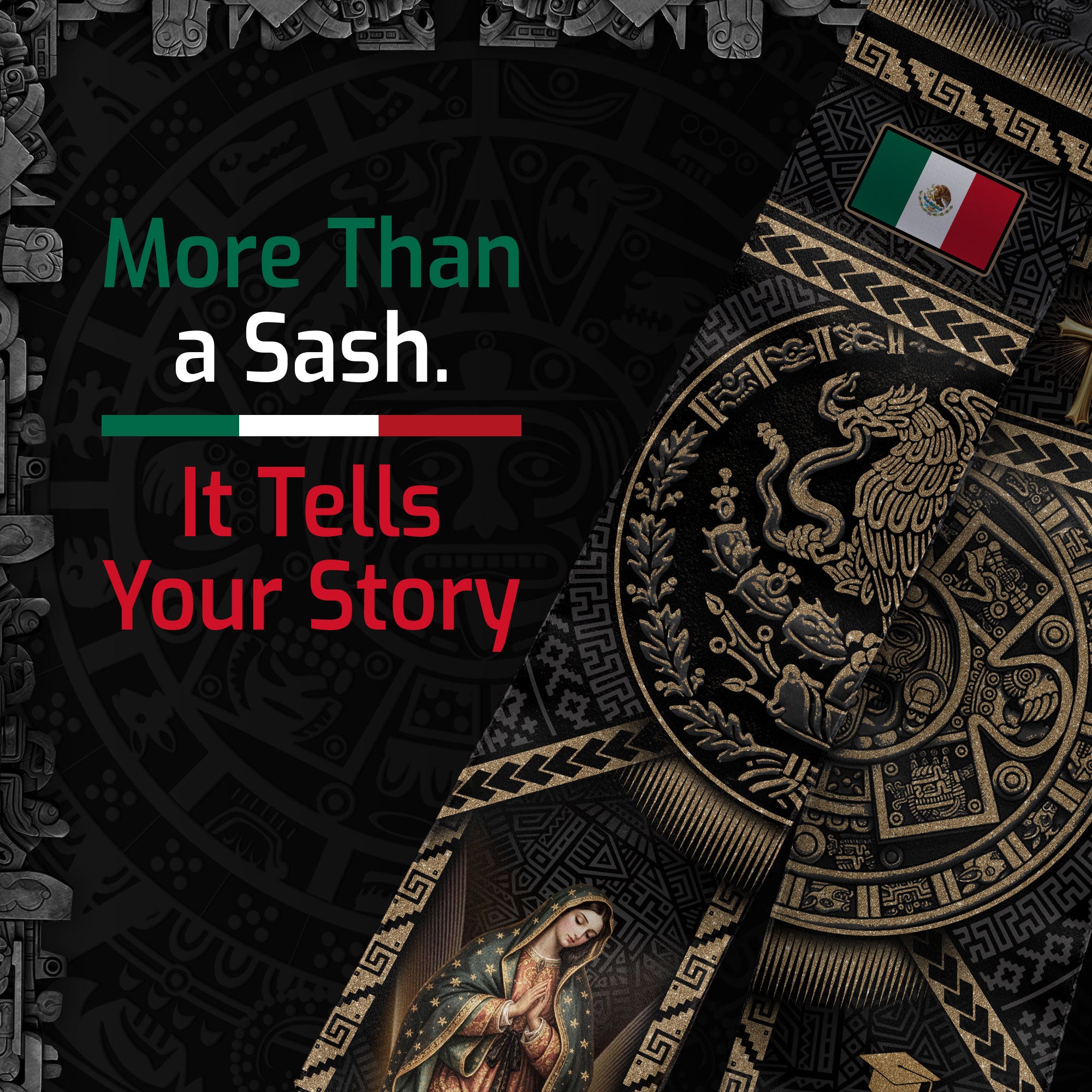 Mexican Graduation Stole 2026, Luxury Black Gold Aztec & Our Lady of Guadalupe