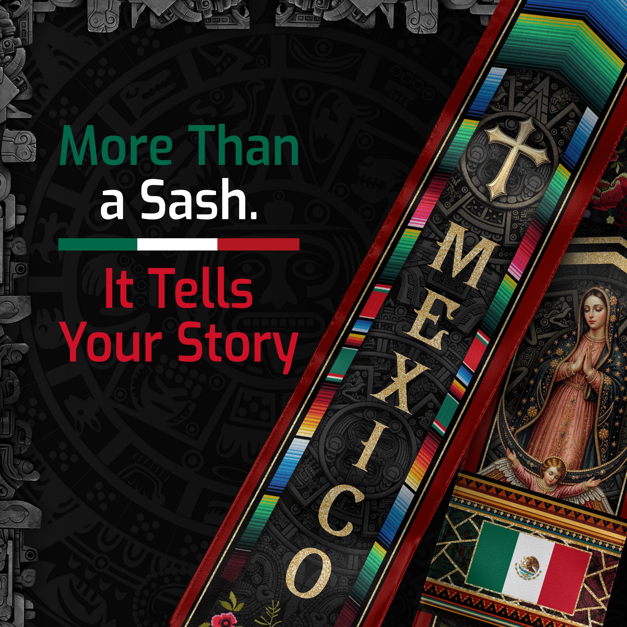 Virgin Mary Mexico Graduation Stole 2026, Golden Cross & Serape Flag Heritage