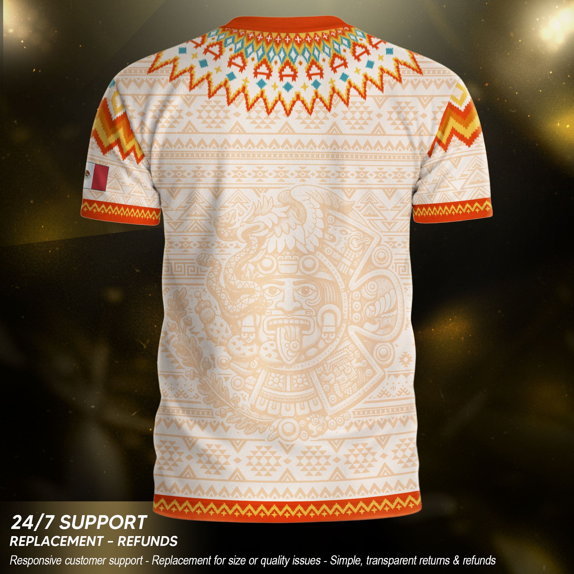 Mexico Cream Orange Heritage Soccer Jersey, Aztec Pattern Mexican Roots Design Jersey For Men