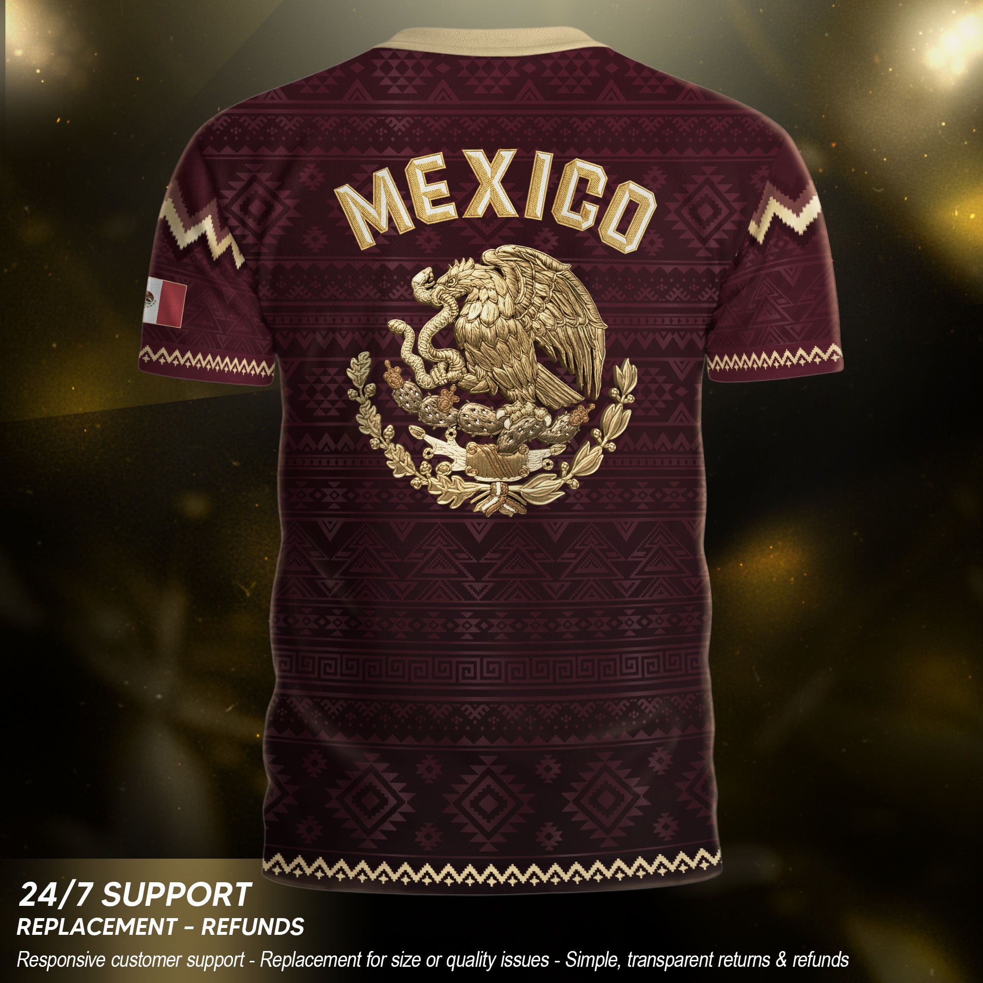 Mexico Heritage Soccer Jersey, Maroon Burgundy Gold Aztec Eagle Design Sports Jersey for Men