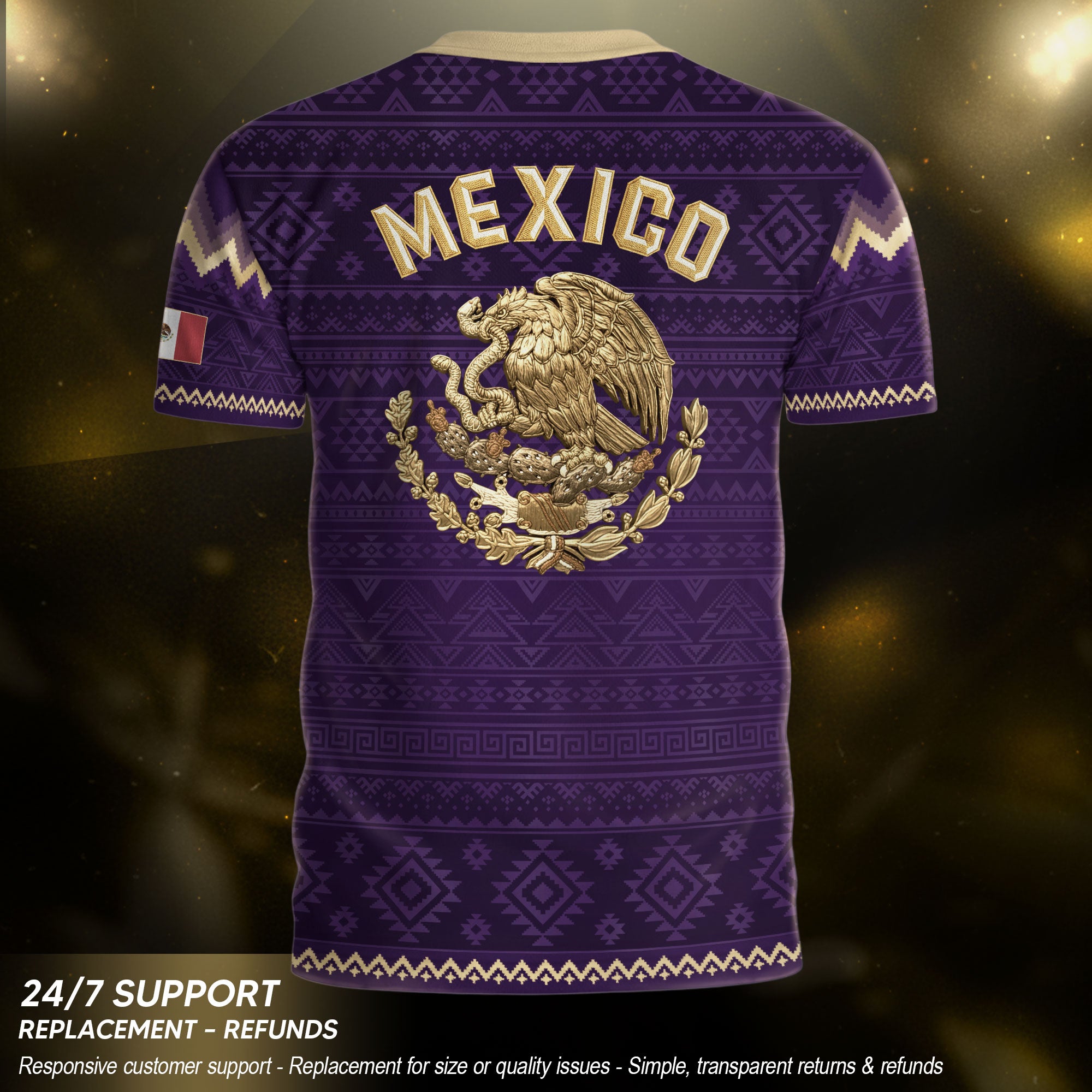 Mexico Heritage Soccer Jersey, Purple Gold Aztec Calendar Design Sports Jersey for Men