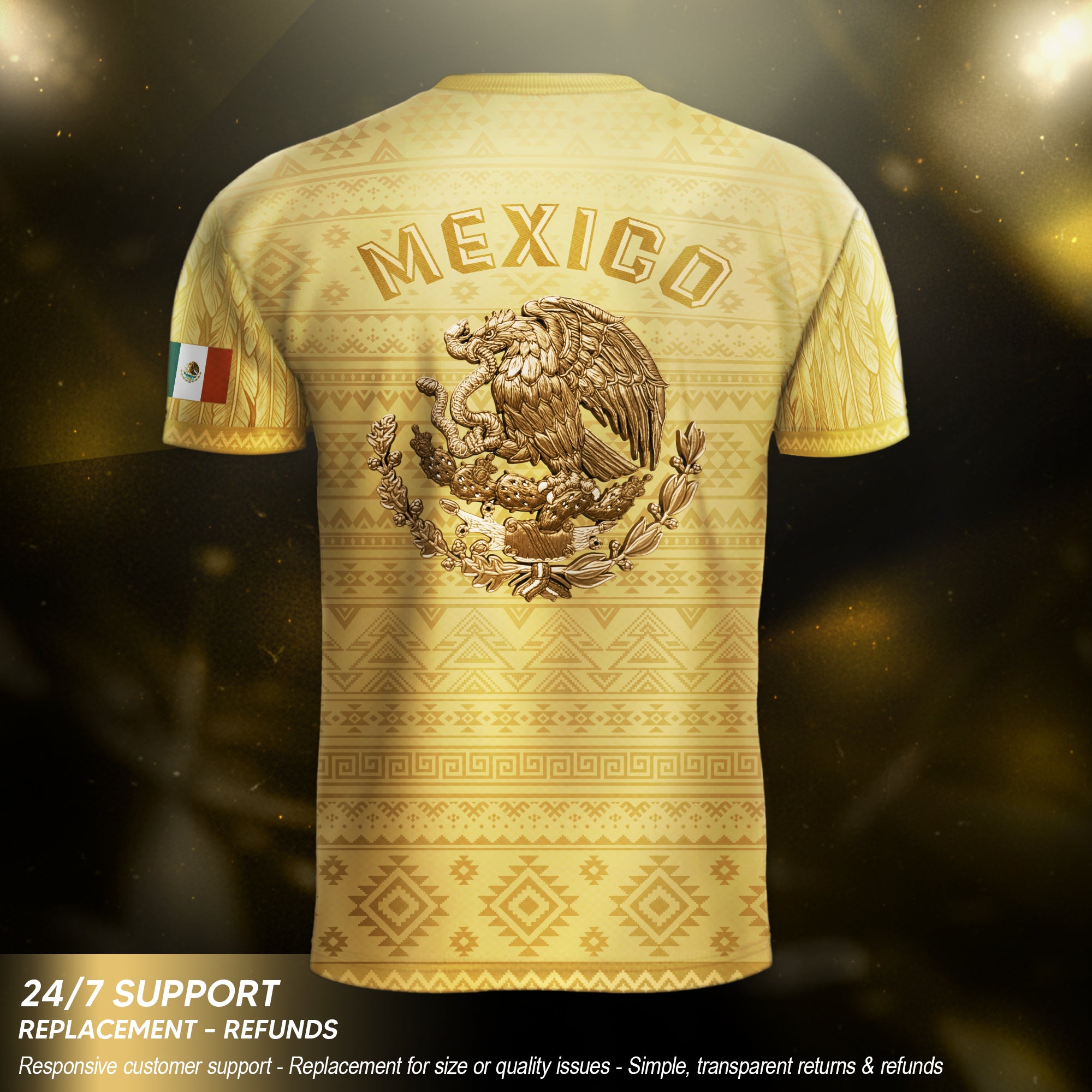 Mexico Heritage Soccer Jersey, Yellow Gold Aztec Calendar Design Sports Jersey for Men
