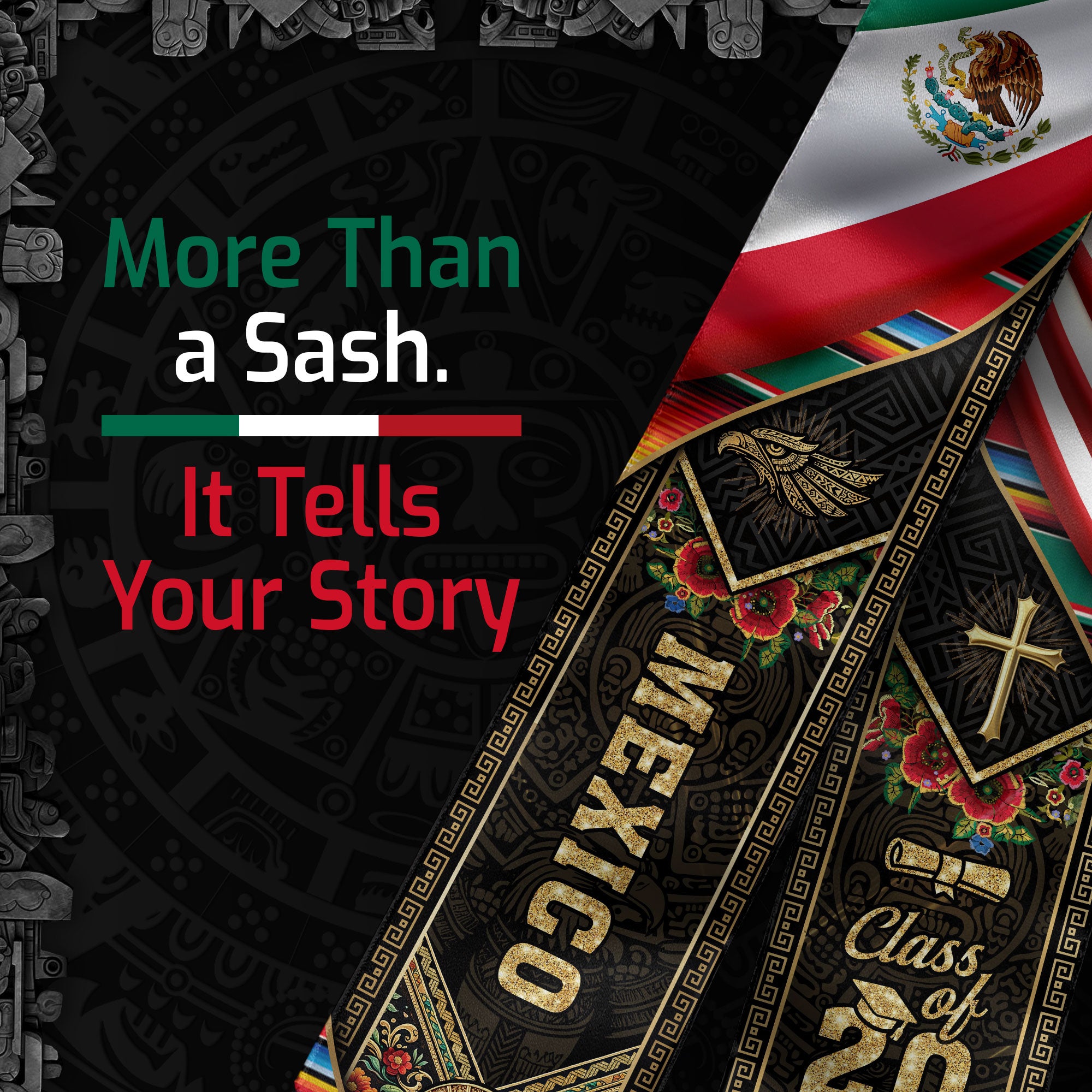 Mexico USA Graduation Stole Class of 2026, Virgin Mary & Eagle Heritage