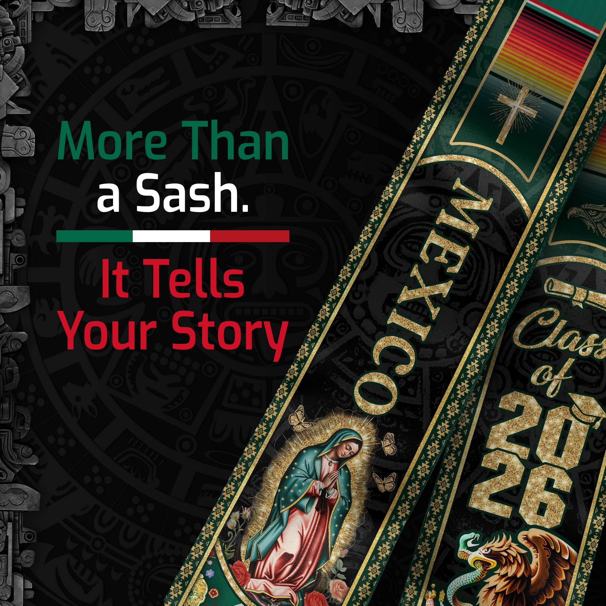 Virgin Mary Mexico Graduation Stole 2026, Golden Cross & US Mexico Flag