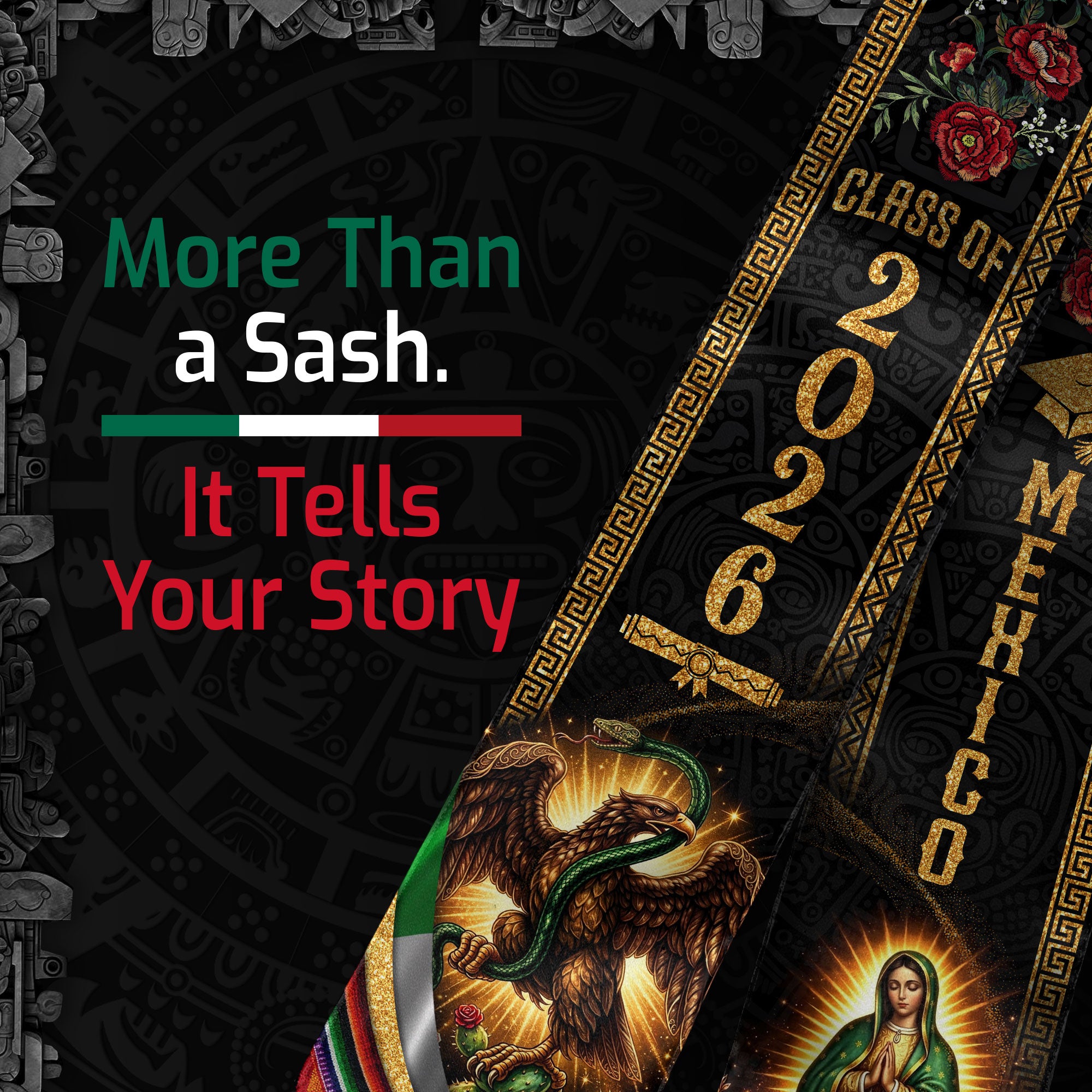 Graduation Stole Class of 2026 Mexico Aztec Eagle Guadalupe Premium Hispanic Sash